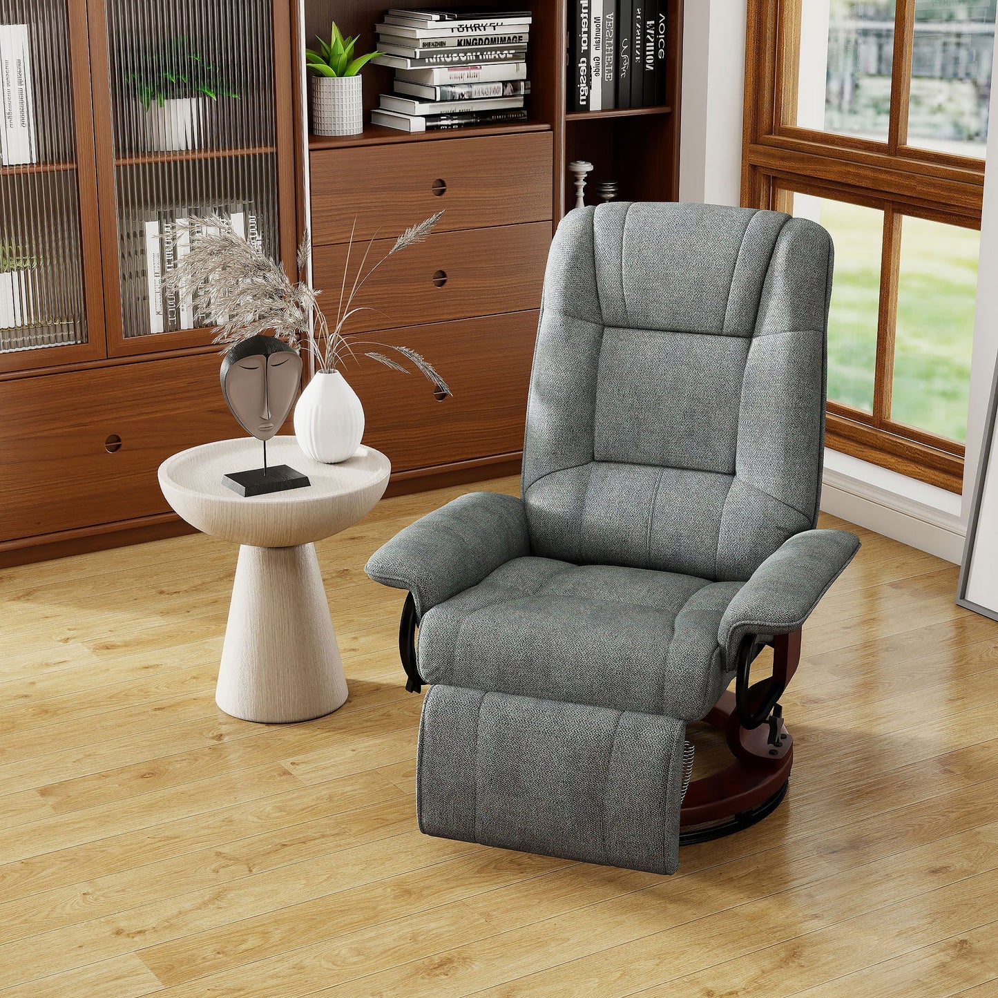Manual Recliner Chair with Linen-Like Upholstered & Wooden Base for Living Room, Grey - HOMCOM