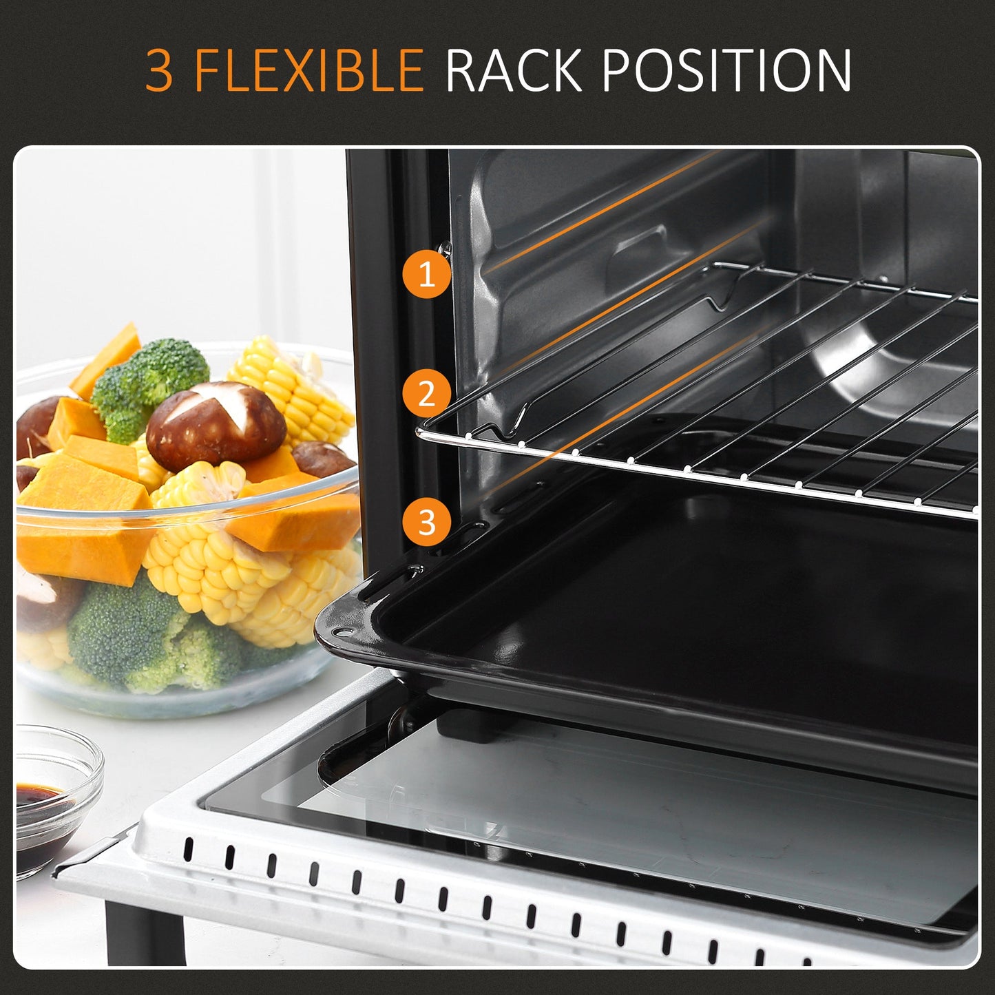 HOMCOM Mini Oven, 16L Countertop Electric Grill, Toaster Oven with Adjustable Temperature, 60 Min Timer, Crumb Tray, Baking Tray, Wire Rack, Tray Handle, 1400W, Silver