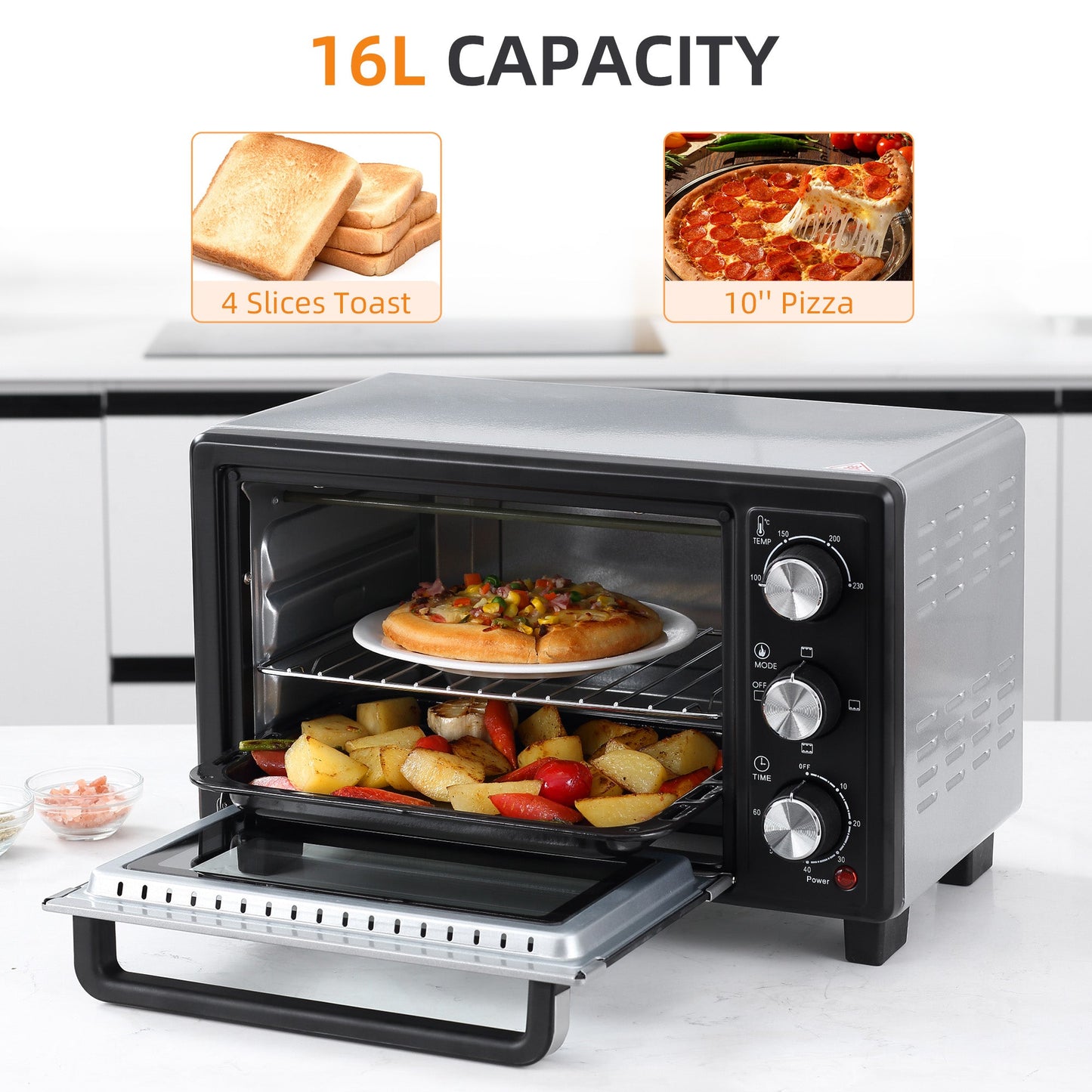 HOMCOM Mini Oven, 16L Countertop Electric Grill, Toaster Oven with Adjustable Temperature, 60 Min Timer, Crumb Tray, Baking Tray, Wire Rack, Tray Handle, 1400W, Silver