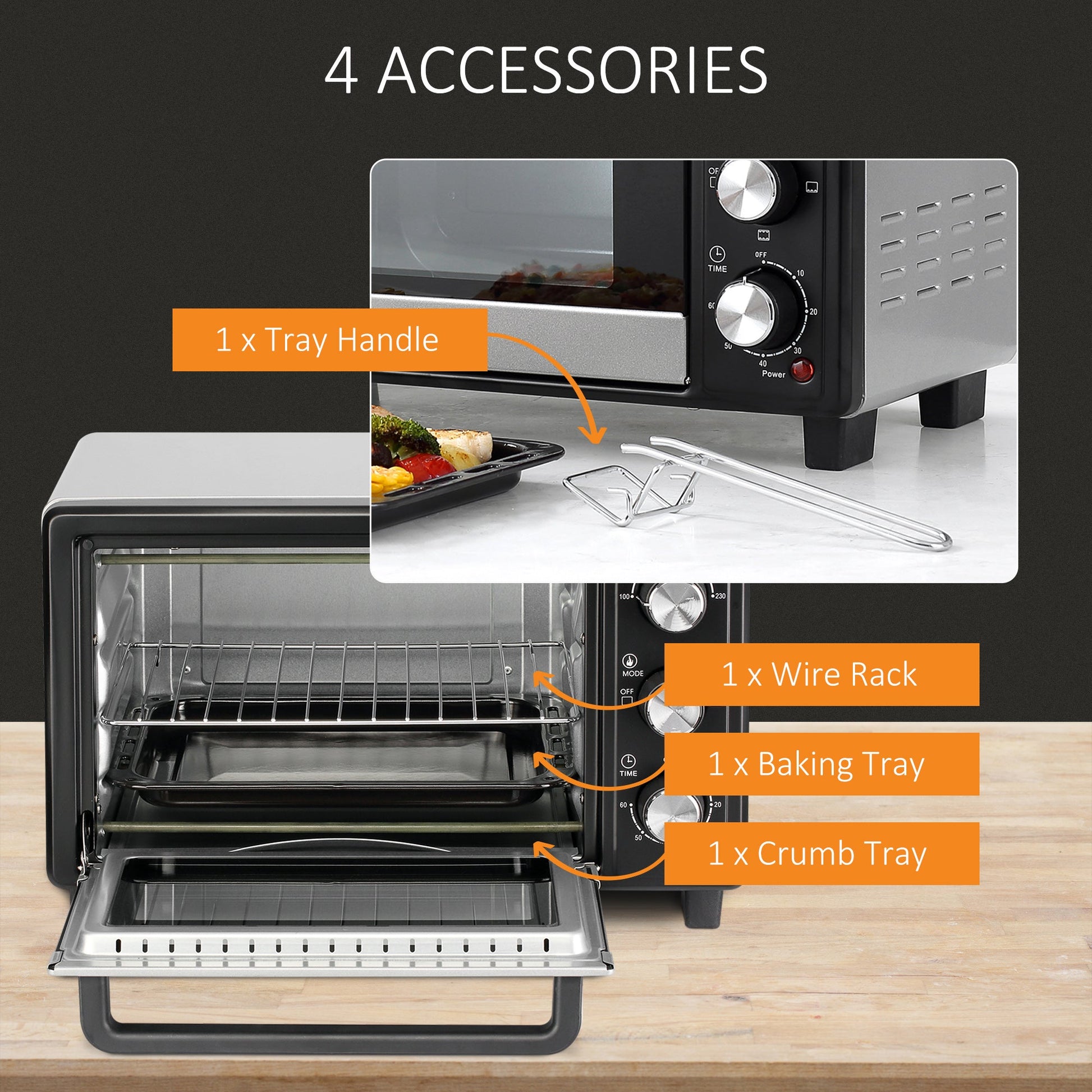 HOMCOM Mini Oven, 16L Countertop Electric Grill, Toaster Oven with Adjustable Temperature, 60 Min Timer, Crumb Tray, Baking Tray, Wire Rack, Tray Handle, 1400W, Silver