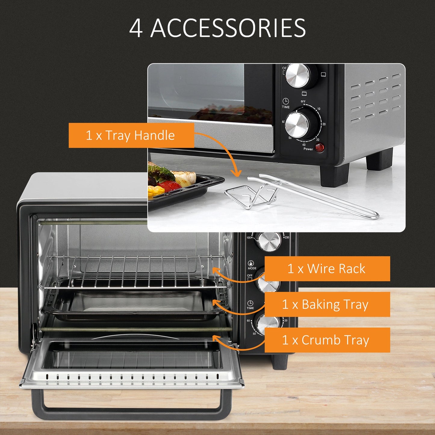 HOMCOM Mini Oven, 16L Countertop Electric Grill, Toaster Oven with Adjustable Temperature, 60 Min Timer, Crumb Tray, Baking Tray, Wire Rack, Tray Handle, 1400W, Silver