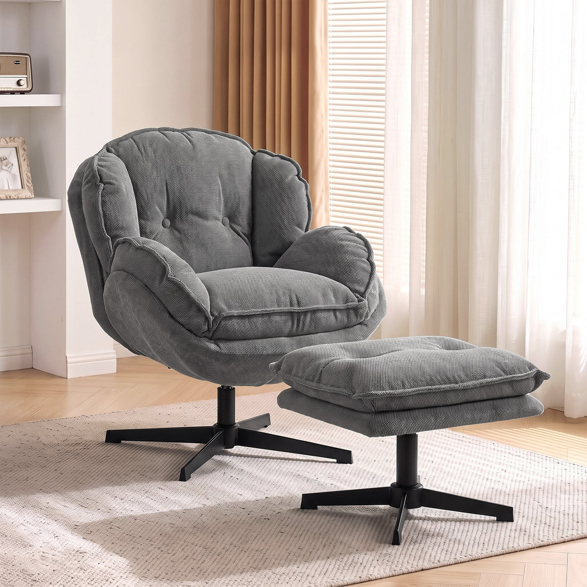 Armchair with Adjustable Footstool, 360° Swivel Chenille Cloud Accent Chair with Thick Cushion, Steel Base for Living Room, Bedroom, Grey