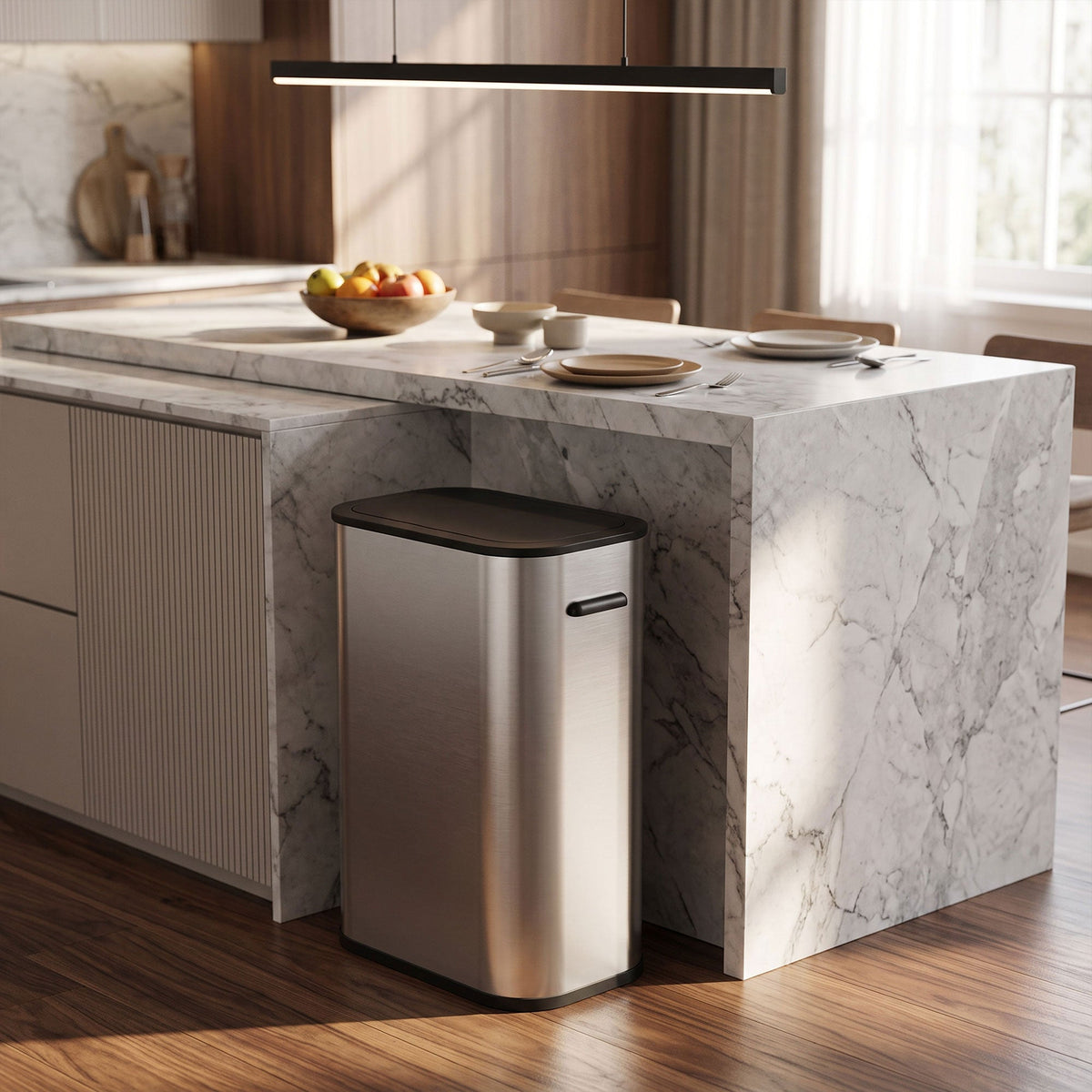 55L Sensor Bin for Kitchen, Touchless Automatic Waste Rubbish Bin with Soft-Close Lid, Fingerprint-Resistant Stainless Steel, Retainer Ring, Battery Operated for Home Office, Study, Silver Tone