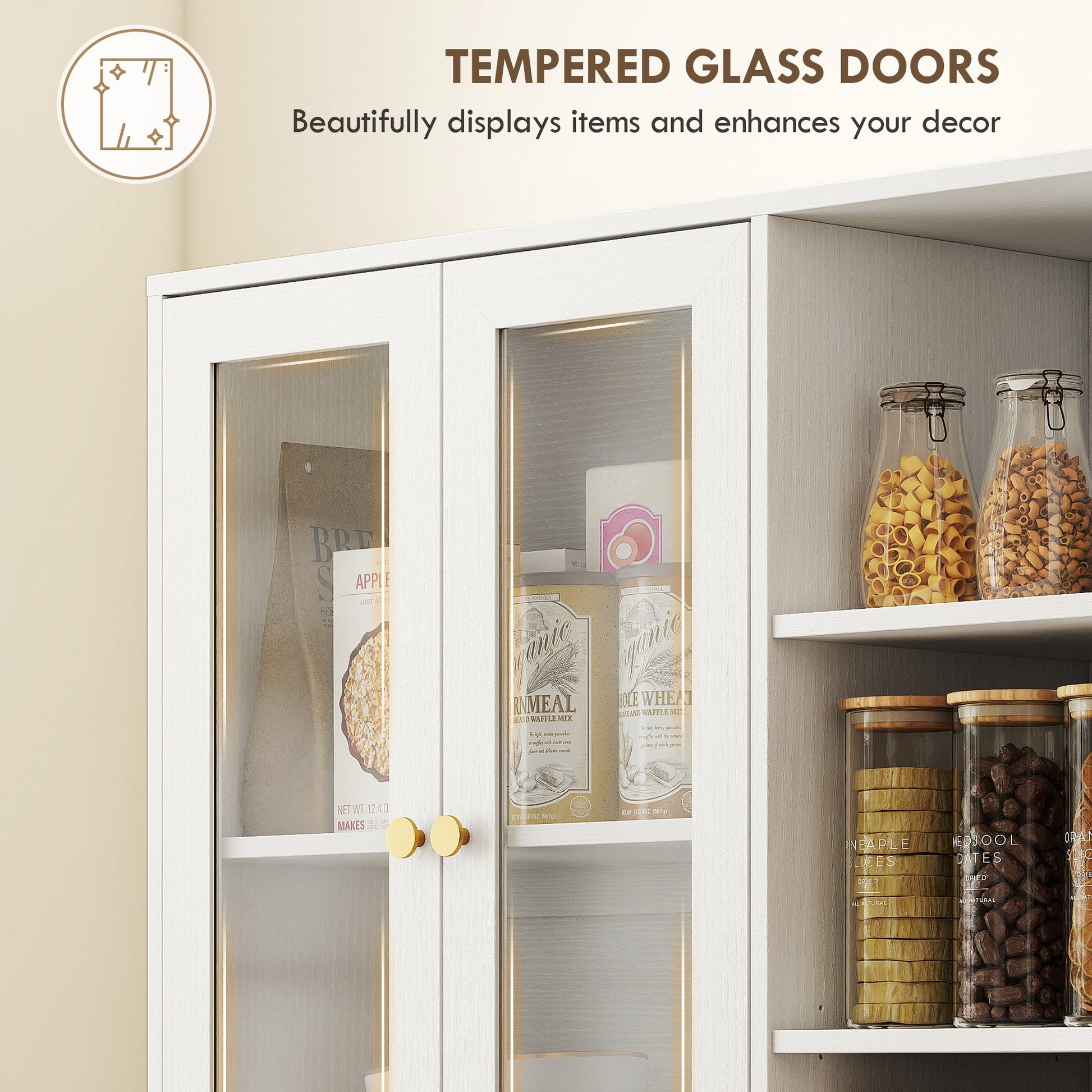 172 cm Tall Kitchen Cupboard, Pantry Storage Cabinet with Tempered Glass Doors and Soft-Close Hinges, Freestanding Kitchen Cabinet with Adjustable Shelves and 6 Open Shelves, White