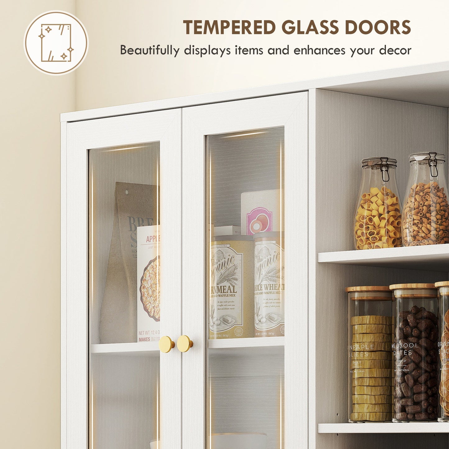 172 cm Tall Kitchen Cupboard, Pantry Storage Cabinet with Tempered Glass Doors and Soft-Close Hinges, Freestanding Kitchen Cabinet with Adjustable Shelves and 6 Open Shelves, White