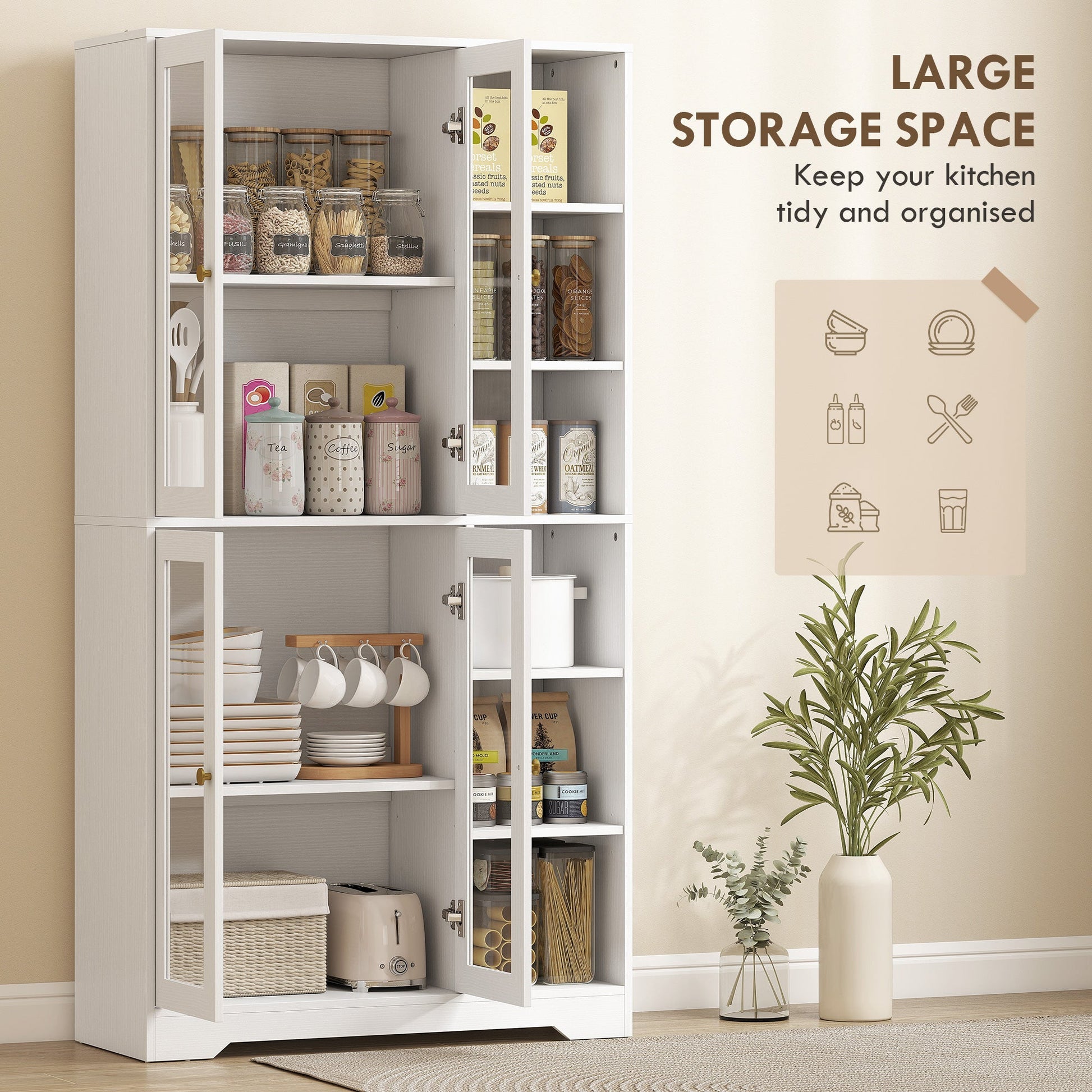 172 cm Tall Kitchen Cupboard, Pantry Storage Cabinet with Tempered Glass Doors and Soft-Close Hinges, Freestanding Kitchen Cabinet with Adjustable Shelves and 6 Open Shelves, White