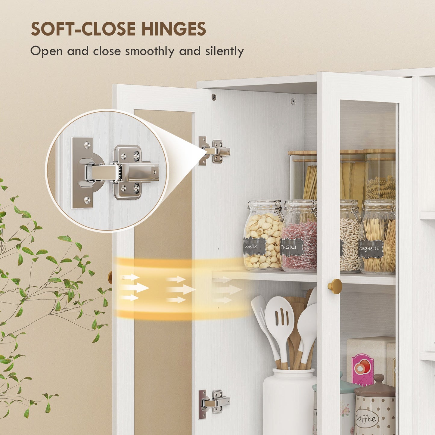 172 cm Tall Kitchen Cupboard, Pantry Storage Cabinet with Tempered Glass Doors and Soft-Close Hinges, Freestanding Kitchen Cabinet with Adjustable Shelves and 6 Open Shelves, White