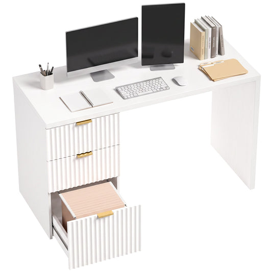 Computer Desk with 3 Drawers, 120 cm Reversible Home Office Desk with Storage, Thick Top, Modern Study Table with File Drawer for A4 and Letter Size, Bedroom, Studio, White