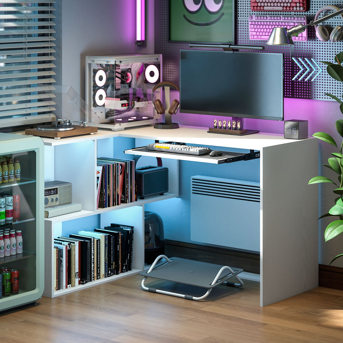 L-Shaped Corner Desk with Keyboard Tray, Computer Desk for Home Office with 4 Open Shelves, Space-Saving Study Workstation, 120 x 100 x 76 cm, White Wood Effect