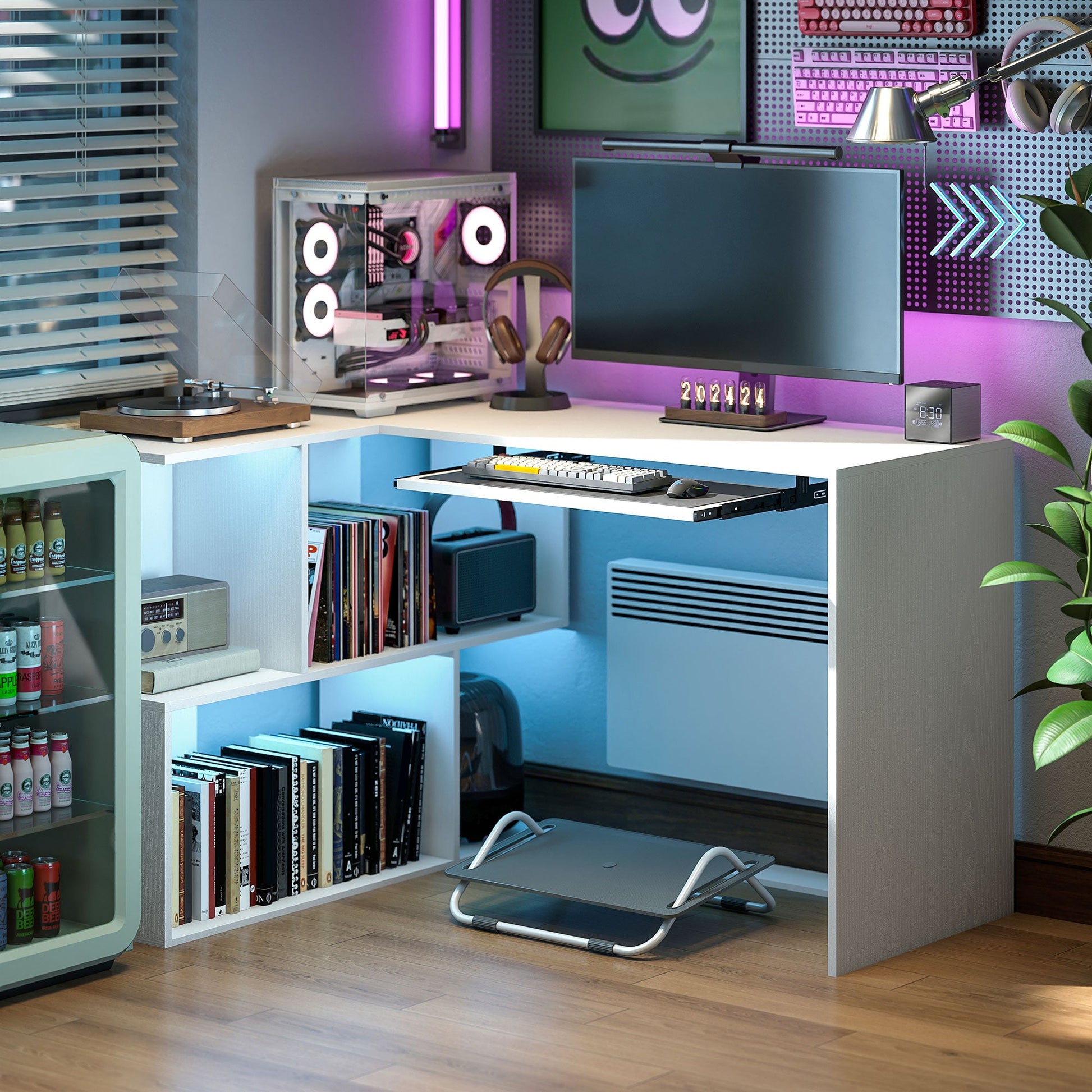 L-Shaped Corner Desk with Keyboard Tray, Computer Desk for Home Office with 4 Open Shelves, Space-Saving Study Workstation, 120 x 100 x 76 cm, White Wood Effect