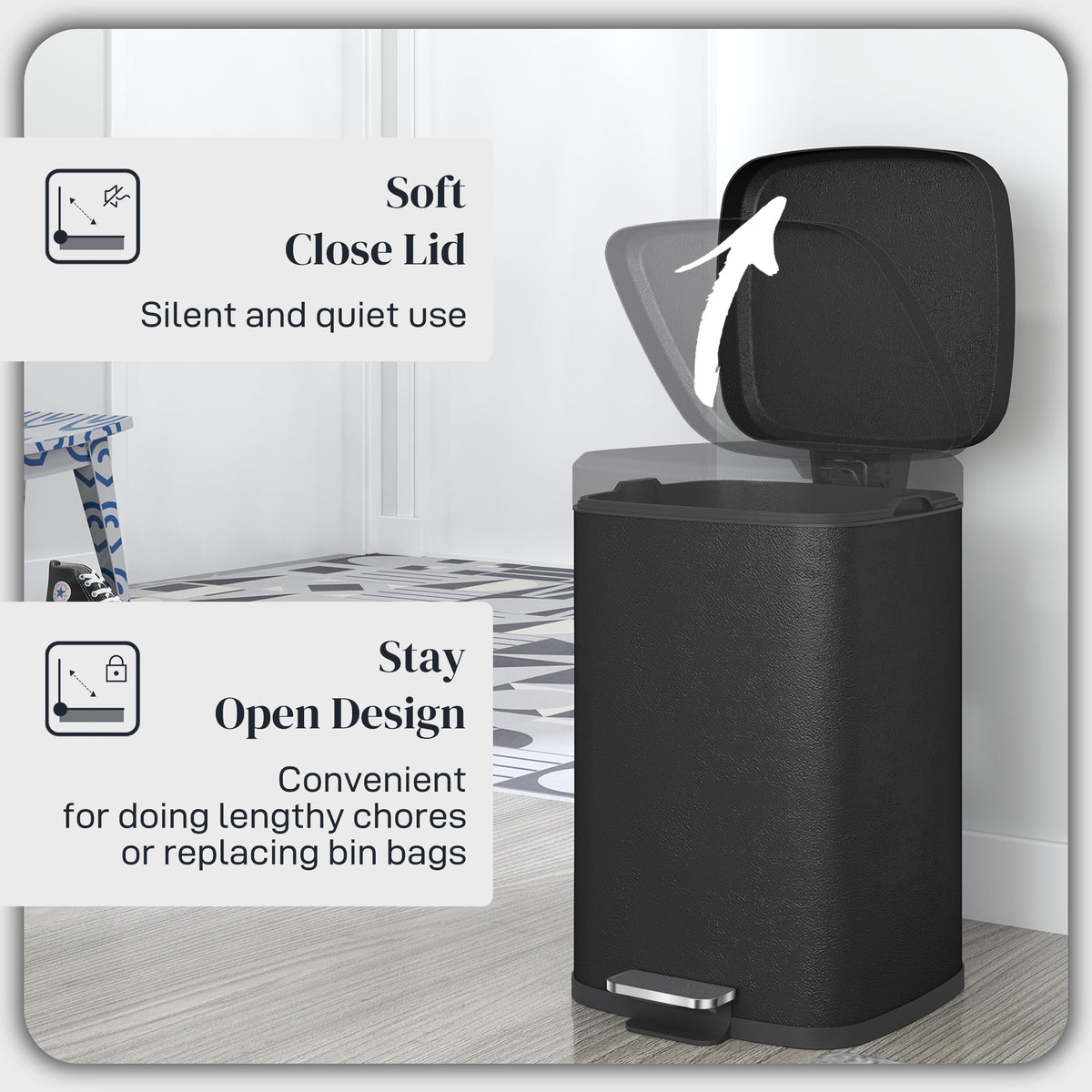 HOMCOM 20 Litre Pedal Bin, Fingerprint Proof Kitchen Bin with Soft-close Lid, Metal Rubbish Bin with Foot Pedal and Removable Inner Bucket, Black