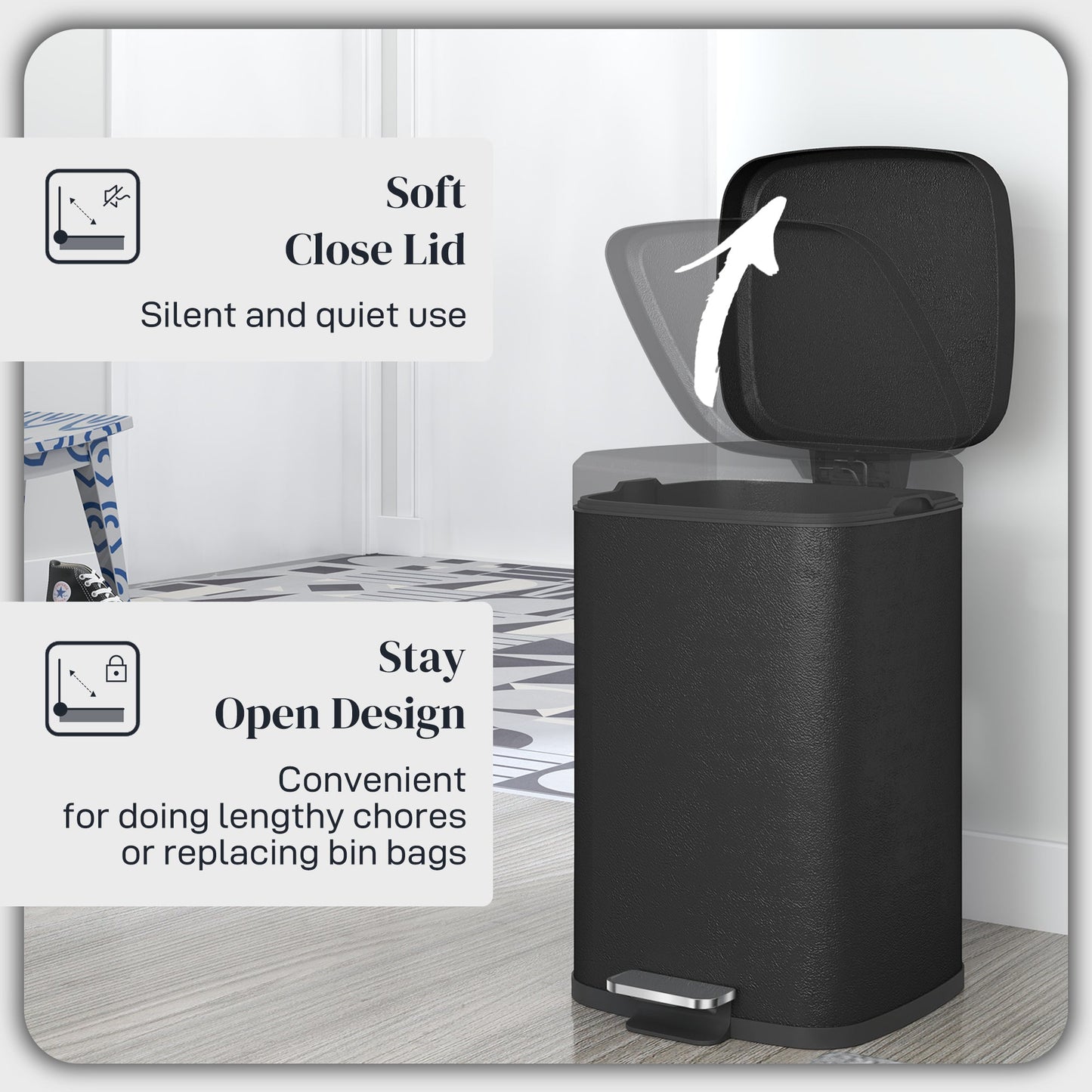HOMCOM 20 Litre Pedal Bin, Fingerprint Proof Kitchen Bin with Soft-close Lid, Metal Rubbish Bin with Foot Pedal and Removable Inner Bucket, Black