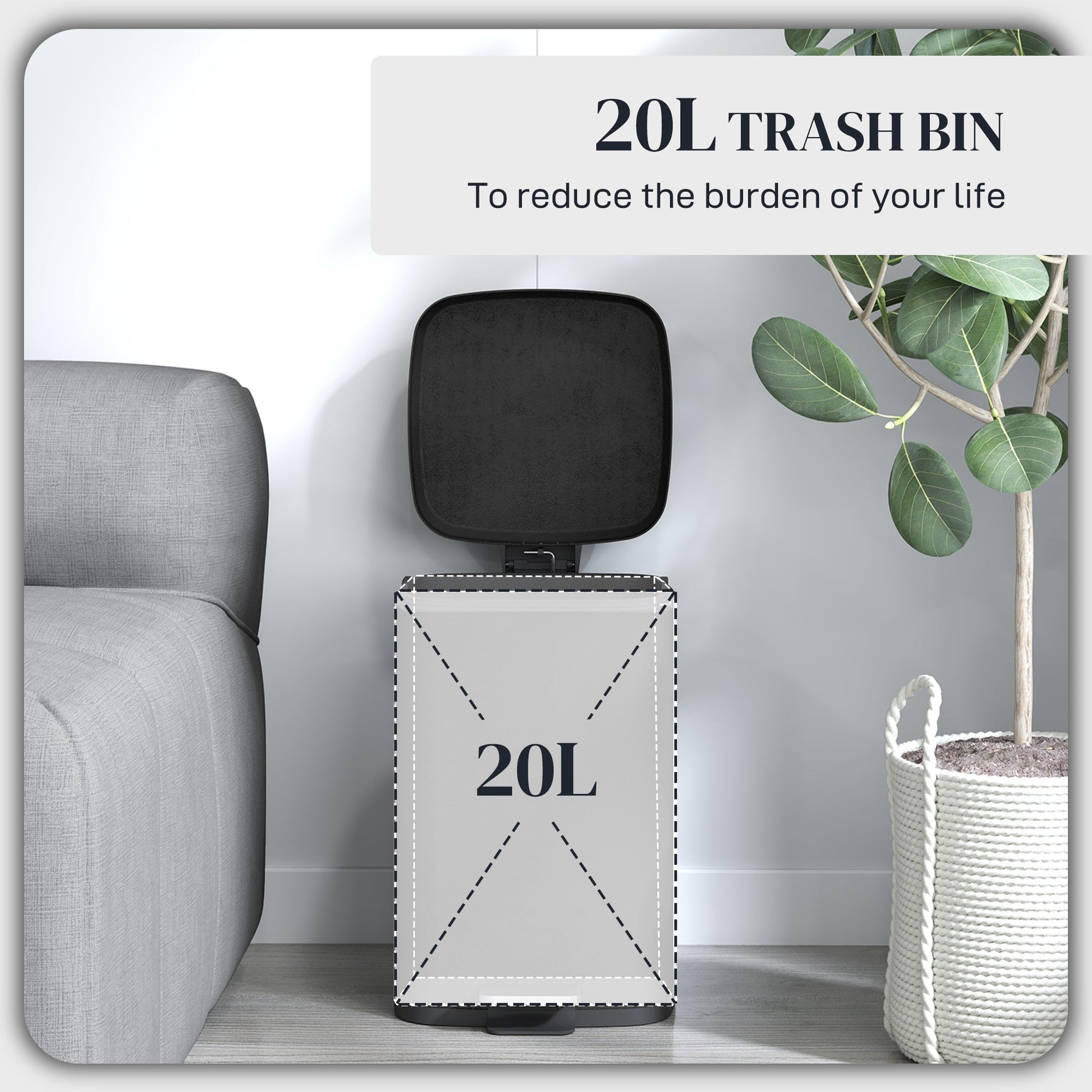 HOMCOM 20 Litre Pedal Bin, Fingerprint Proof Kitchen Bin with Soft-close Lid, Metal Rubbish Bin with Foot Pedal and Removable Inner Bucket, Black