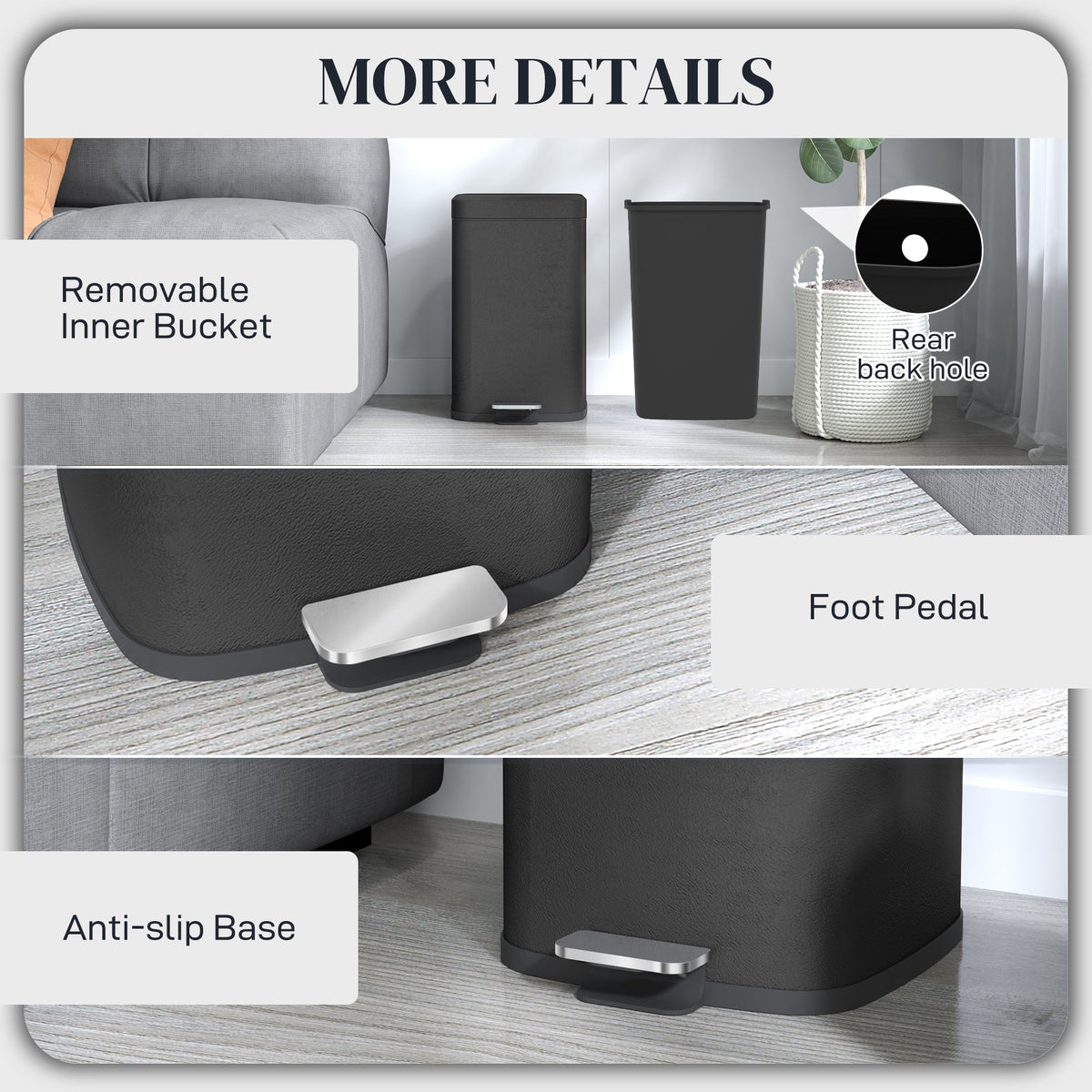 HOMCOM 20 Litre Pedal Bin, Fingerprint Proof Kitchen Bin with Soft-close Lid, Metal Rubbish Bin with Foot Pedal and Removable Inner Bucket, Black