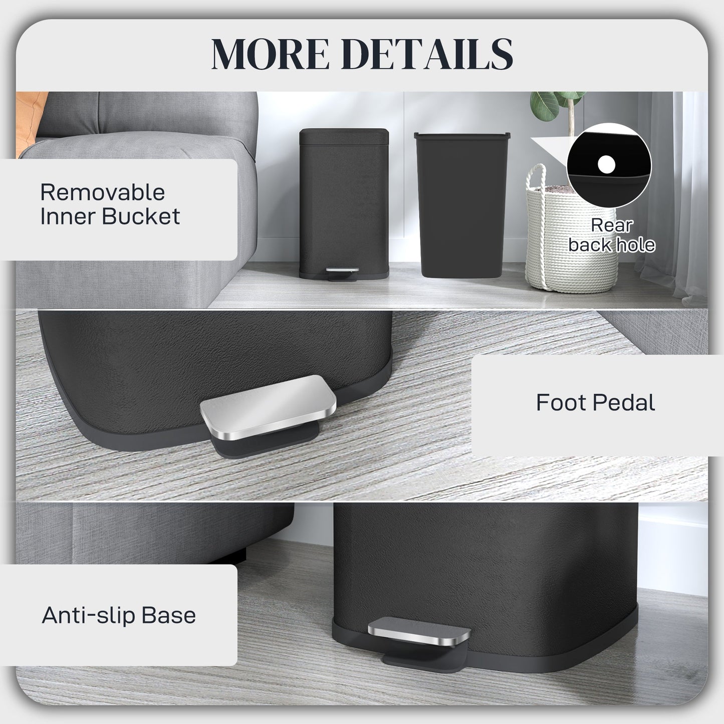 HOMCOM 20 Litre Pedal Bin, Fingerprint Proof Kitchen Bin with Soft-close Lid, Metal Rubbish Bin with Foot Pedal and Removable Inner Bucket, Black