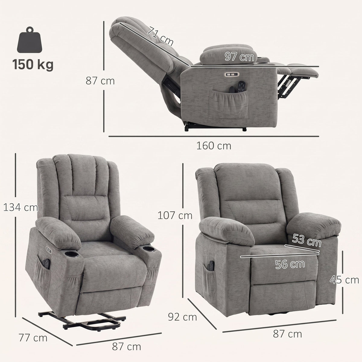 Oversized Riser Recliner Chair with Vibration Massage and Heat, Electric Power Lift Recliner for Elderly w/ Wide Seat and Back, Spring Cushion, USB Port, Side Pockets, Chenille Armchair, Grey