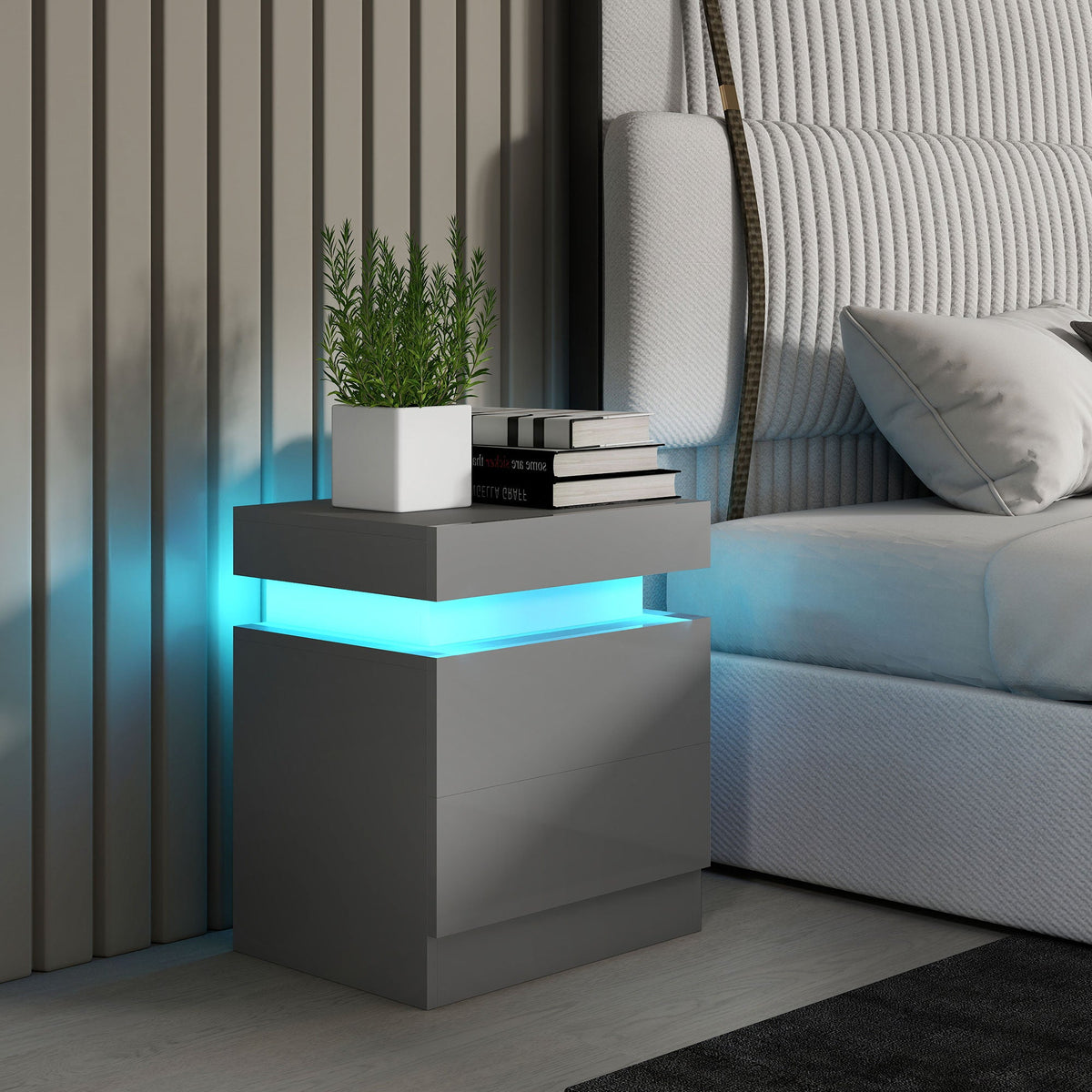 High Gloss Front Bedside Table, APP Control Nightstand with RGB LED Light and 2 Drawers, Chest of Drawers for Bedroom, Living Room, Grey