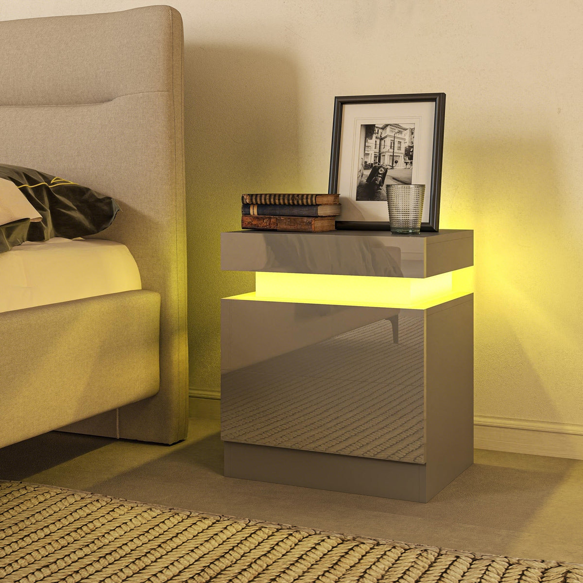 High Gloss Front Bedside Table, APP Control Nightstand with RGB LED Light and 2 Drawers, Chest of Drawers for Bedroom, Living Room, Grey
