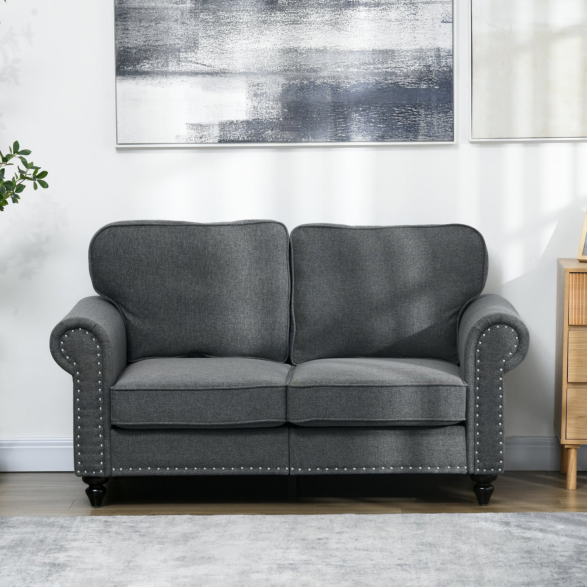 HOMCOM 2 Seater Sofa, Fabric Sofa Couch with Nailhead Trim Rolled Arm and Slatted Wood Frame, Upholstered Loveseat Sofa Settee for Living Room, Bedroom, Home Office, Charcoal Grey
