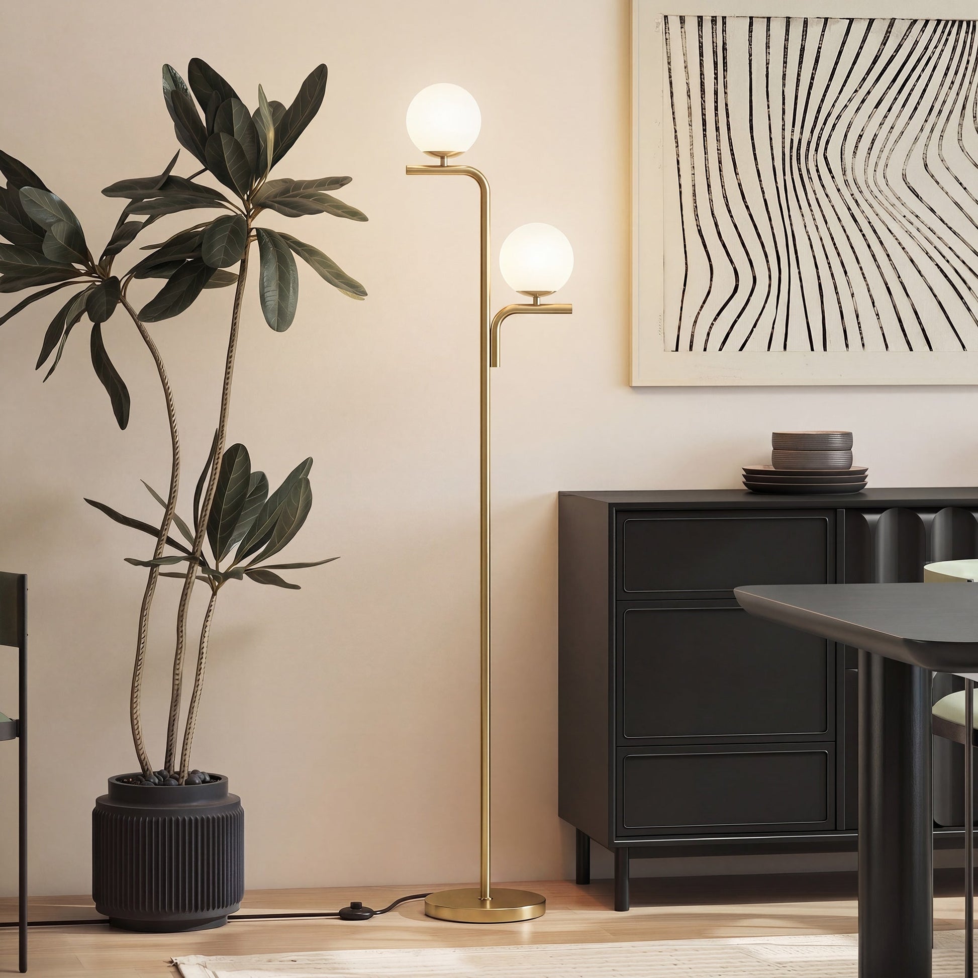 LED Floor Lamp, Modern Standing Lamp with 3 Colour Temperatures, Globe Glass Shades and Foot Switch, for Living Room Bedroom Home Office, Gold Tone