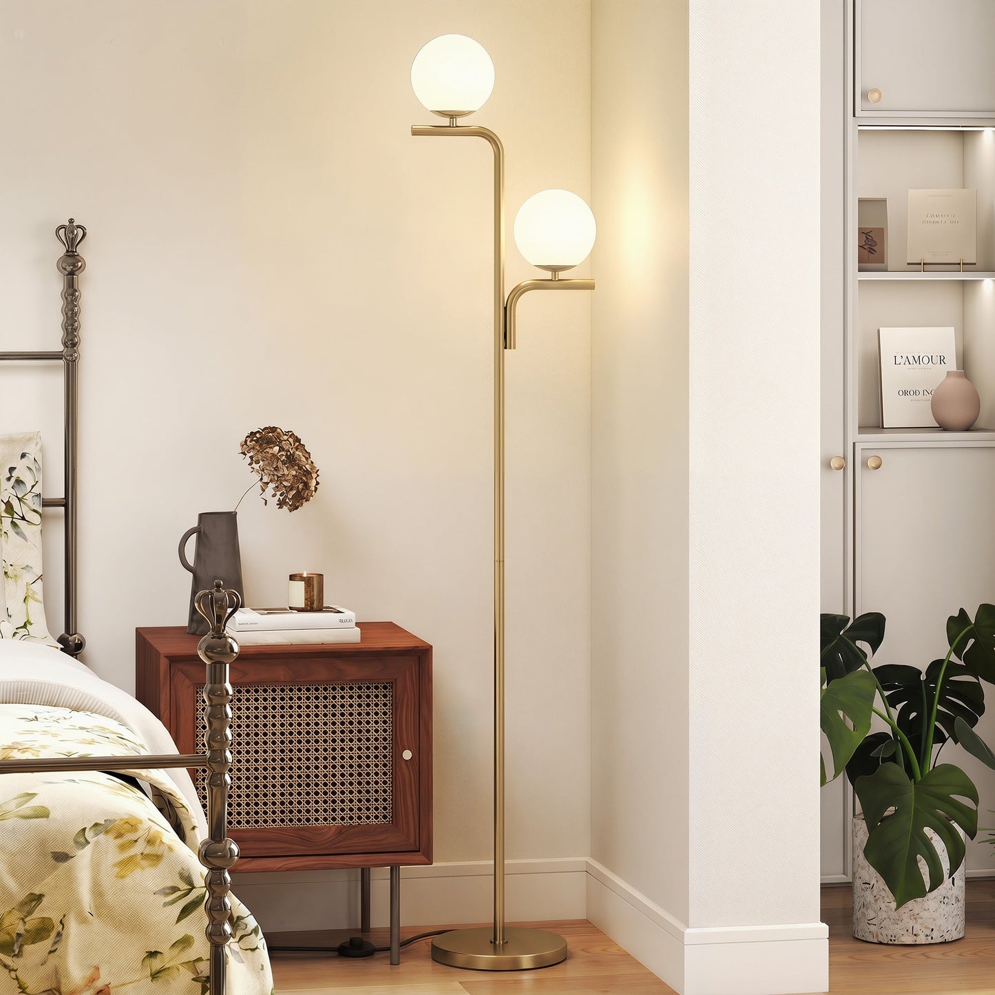 LED Floor Lamp, Modern Standing Lamp with 3 Colour Temperatures, Globe Glass Shades and Foot Switch, for Living Room Bedroom Home Office, Gold Tone