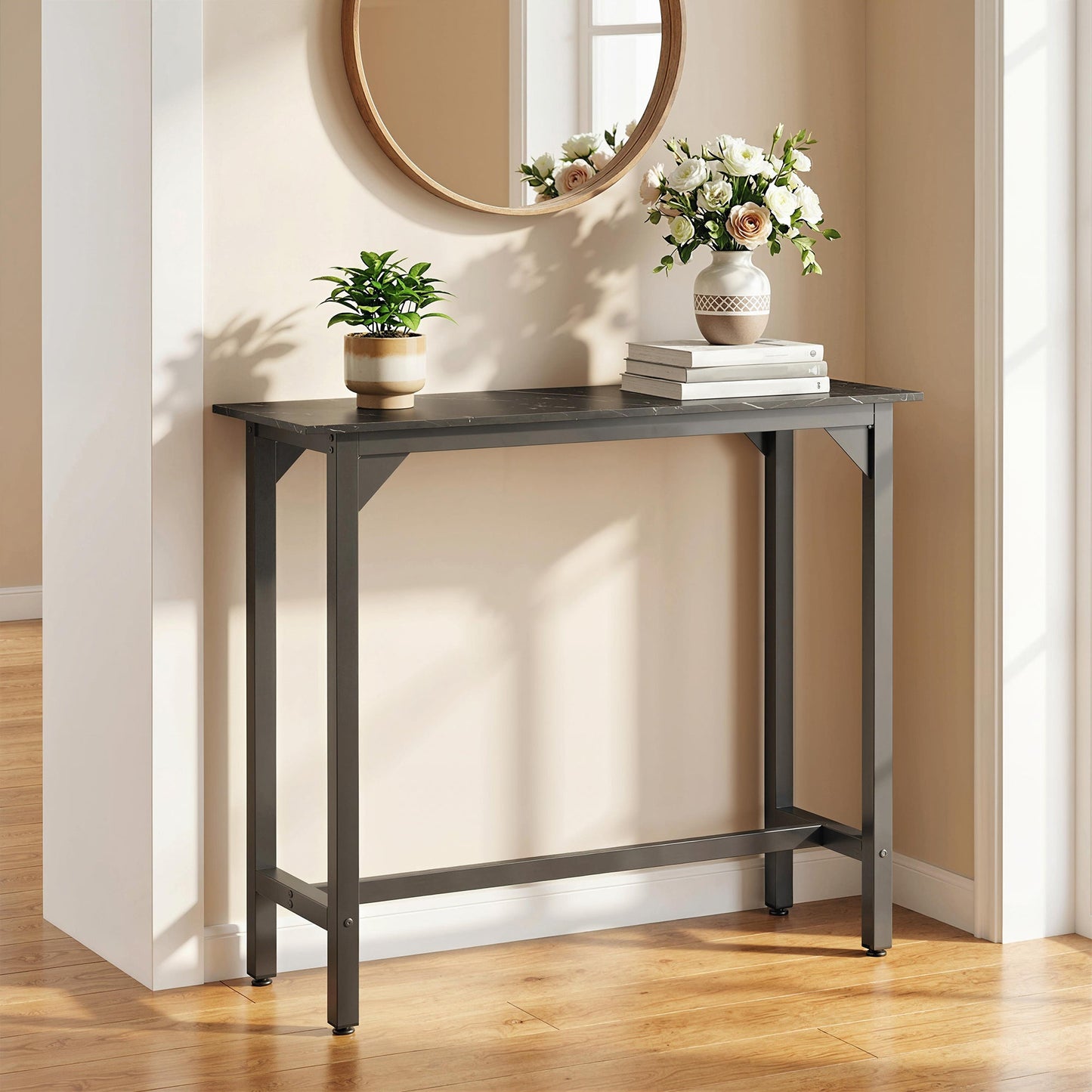 Rectangular Bar Table, Marble Effect Pub Coffee Table with Adjustable Footpads, Metal Frame, for Small Space, Breakfast Dining, Kitchen, Living Room, Industrial, Black Marble Effect