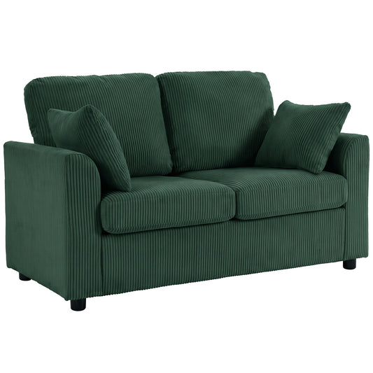 2 Seater Sofa, 144cm Corduroy Small Couch with Spring Cushion, Wide and Deep Seat, Plush Backrest, 2 Pillows, Loveseat Sofa Settee for Small Space, Living Room, Bedroom, Home Office, Dark Green