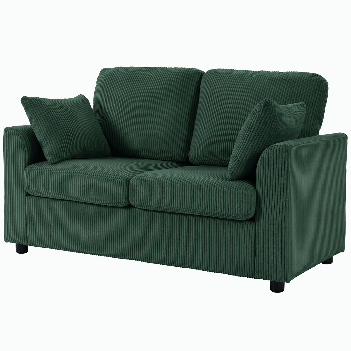 2 Seater Sofa, 144cm Corduroy Small Couch with Spring Cushion, Wide and Deep Seat, Plush Backrest, 2 Pillows, Loveseat Sofa Settee for Small Space, Living Room, Bedroom, Home Office, Dark Green