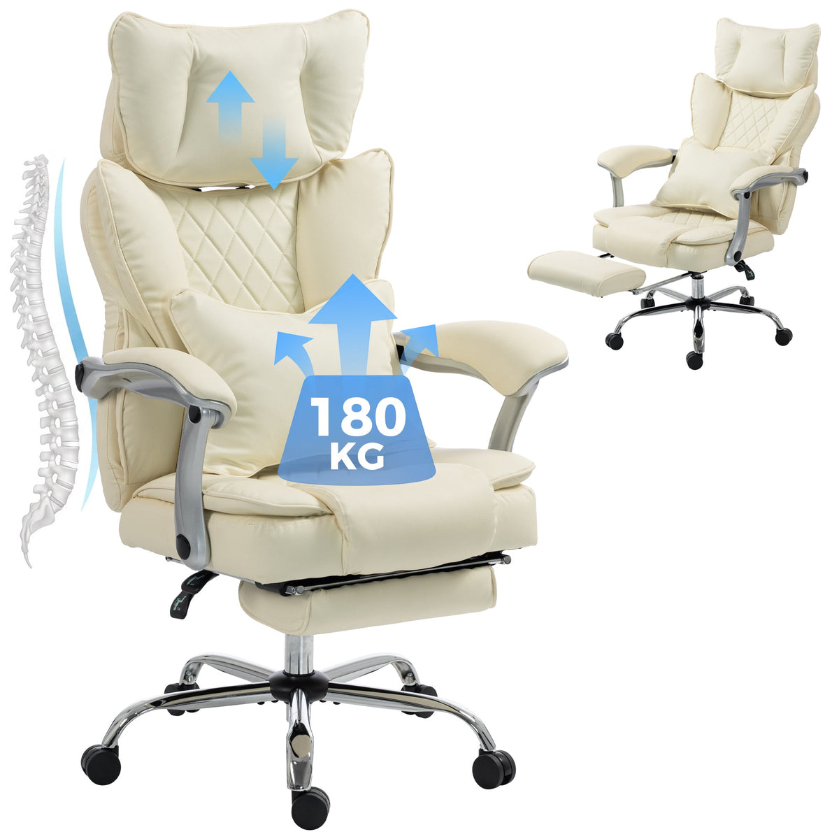 Executive Office Chair, 180kg Big and Tall PU Leather Desk Chair with Adjustable Headrest, Lumbar Support, Wide Seat, Reclining Back, Footrest, Swivel Wheels, Beige