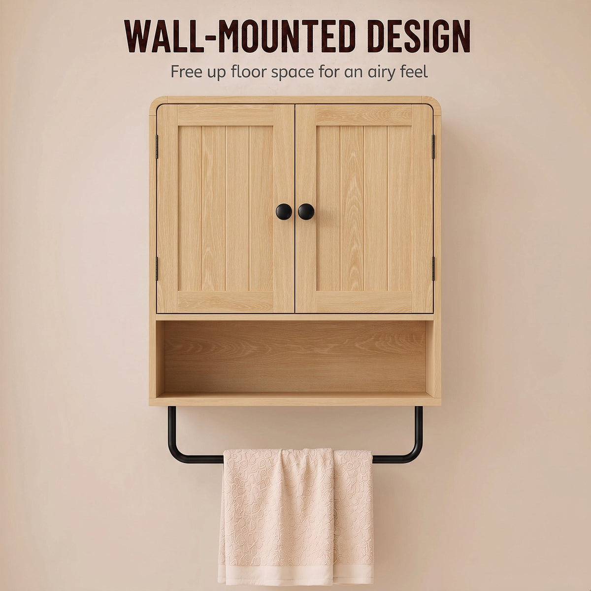 Bathroom Wall Cabinet, Wall Mounted Bathroom Cabinet with 2 Doors, Open Shelf, Towel Bar and Adjustable Shelf Storage for Toilet, Laundry, Oak