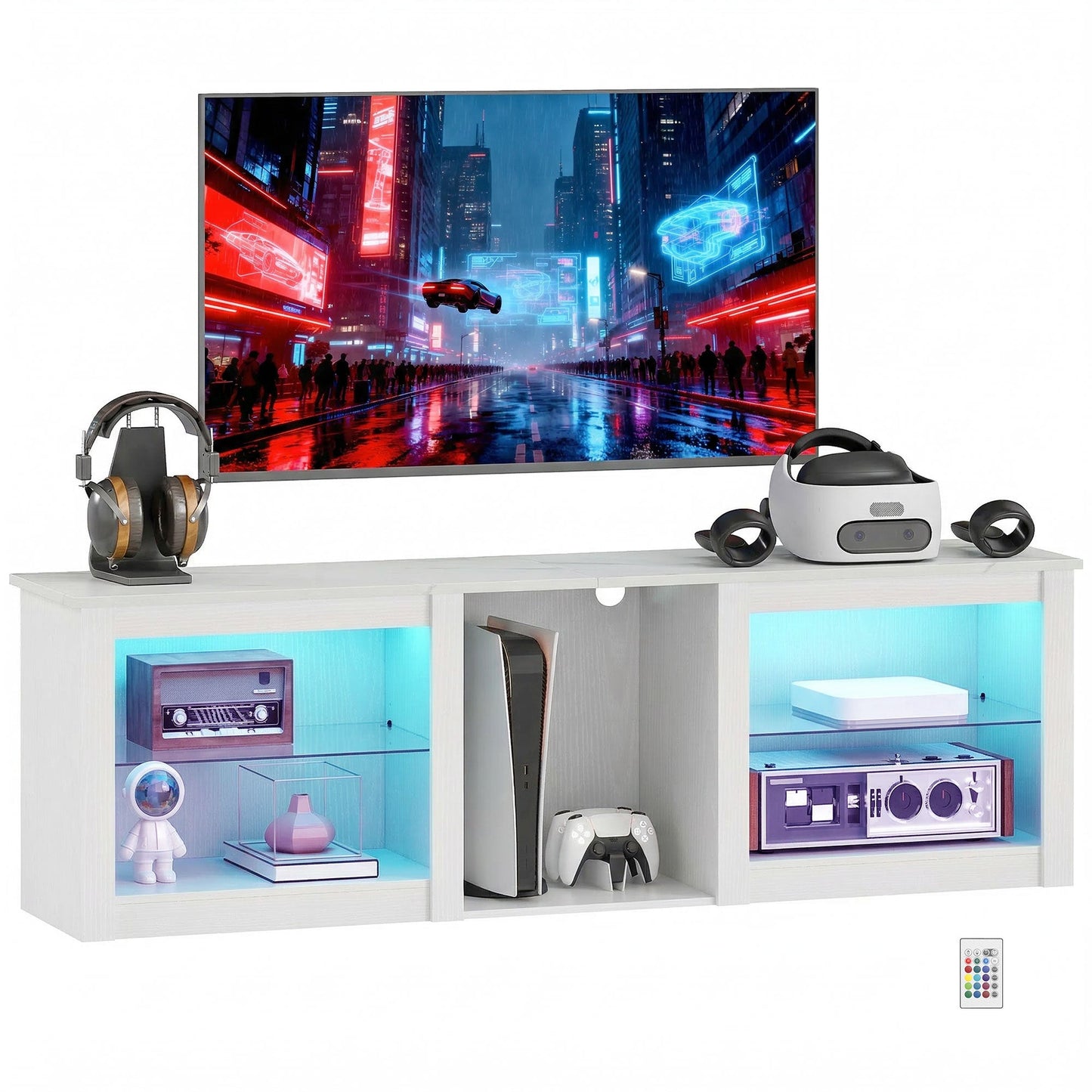 TV Unit with LED Lights for TV up to 70 Inch, 160cm TV Stand Cabinet with Adjustable Glass Shelves, Open Compartments for Gaming Consoles, TV Cabinet for Living Room, Bedroom, White