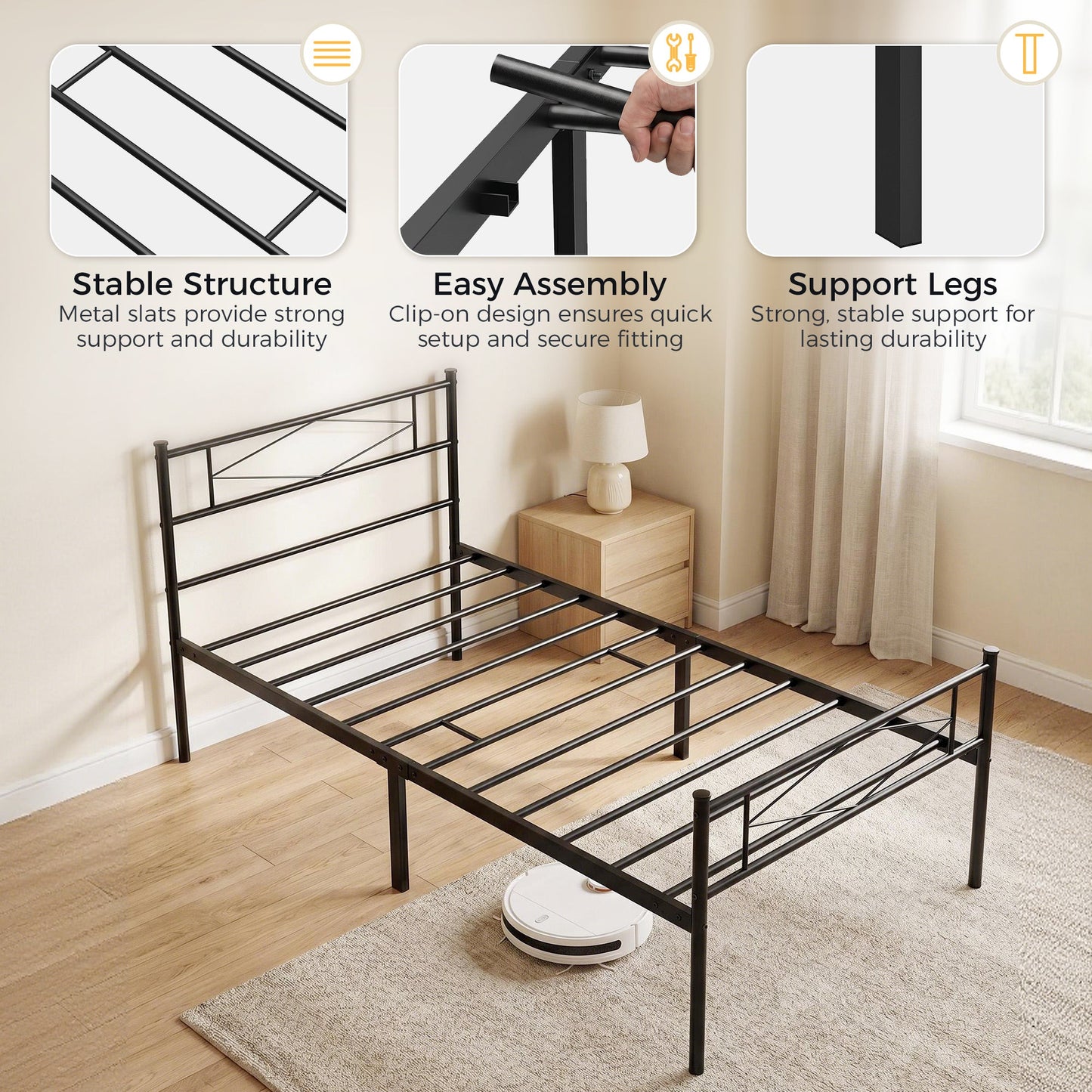 3ft Single Bed Frame with Headboard and Footboard, Metal Platform Bed Frame with 32 cm Underbed Storage, Steel Slat Support, Noise-Free, No Box Spring Needed, Easy Assembly, Black