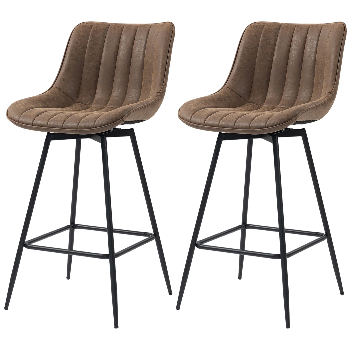 Swivel Bar Stools Set of 2, Textured Faux Leather Counter Stools with Backrest and Footrest, Height Adjustable Breakfast Chairs for Kitchen Island, Home Bar, Dining Room, Brown