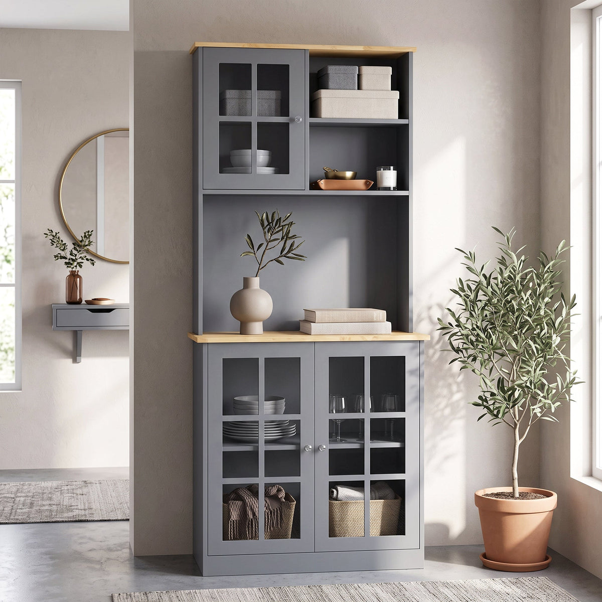 Kitchen Pantry, Buffet Hutch with 3 Storage Cabinets, 2 Open Shelves and Large Countertop for Kitchen, Living Room and Entryway, Grey