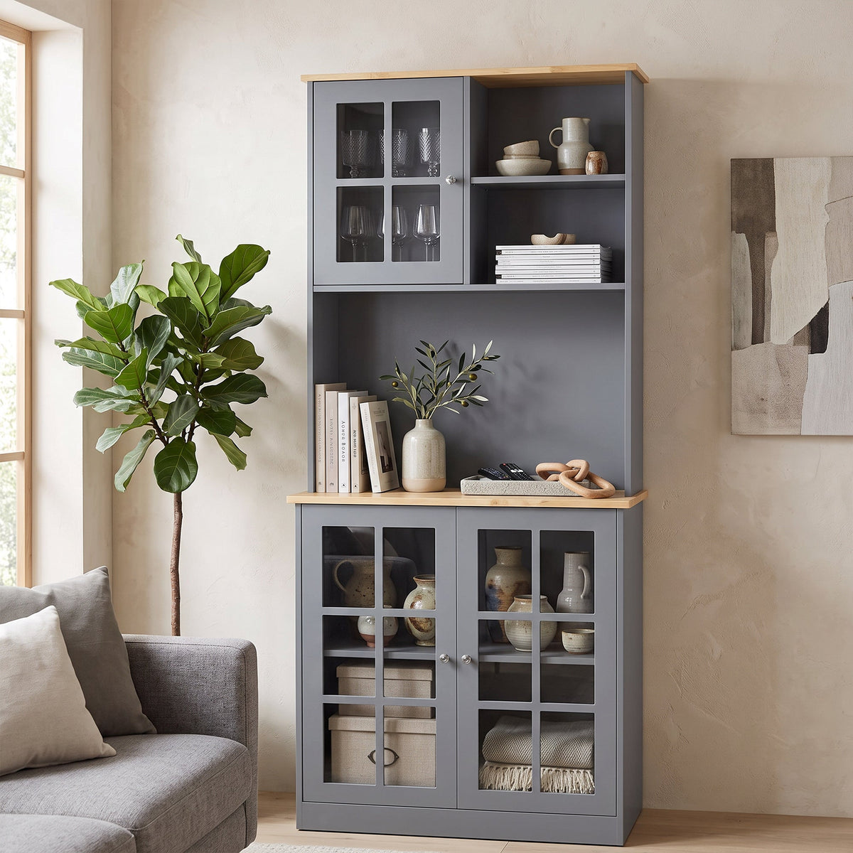 Kitchen Pantry, Buffet Hutch with 3 Storage Cabinets, 2 Open Shelves and Large Countertop for Kitchen, Living Room and Entryway, Grey