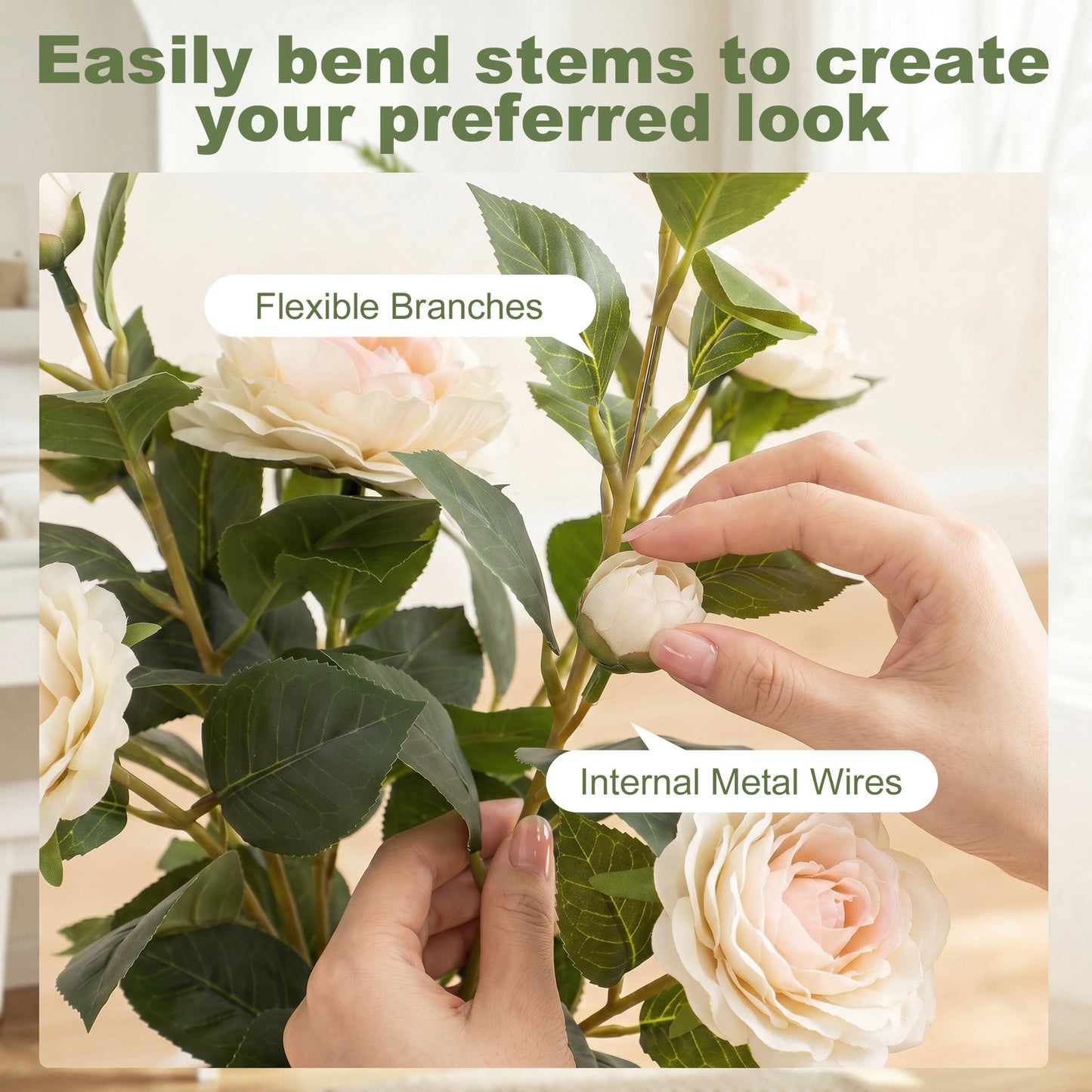 65cm Artificial Camellia Flower Plant in Pot, Realistic Silk Flowers with 116 Lush Leaves & Moss Effect, Faux Tree for Outdoor Indoor Garden Porch Decor