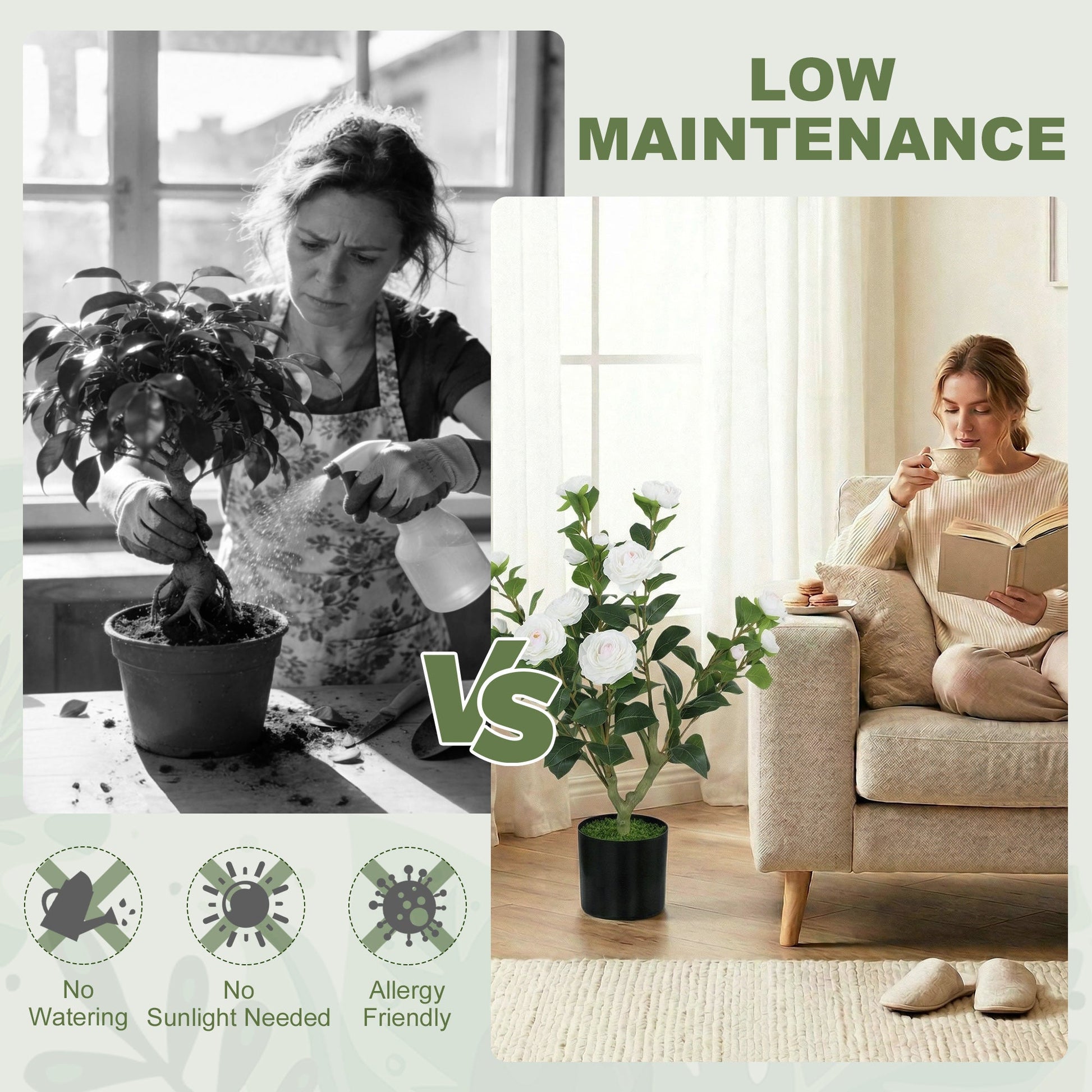 65cm Artificial Camellia Flower Plant in Pot, Realistic Silk Flowers with 116 Lush Leaves & Moss Effect, Faux Tree for Outdoor Indoor Garden Porch Decor