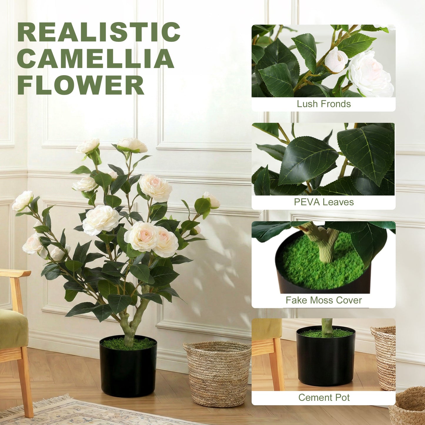65cm Artificial Camellia Flower Plant in Pot, Realistic Silk Flowers with 116 Lush Leaves & Moss Effect, Faux Tree for Outdoor Indoor Garden Porch Decor