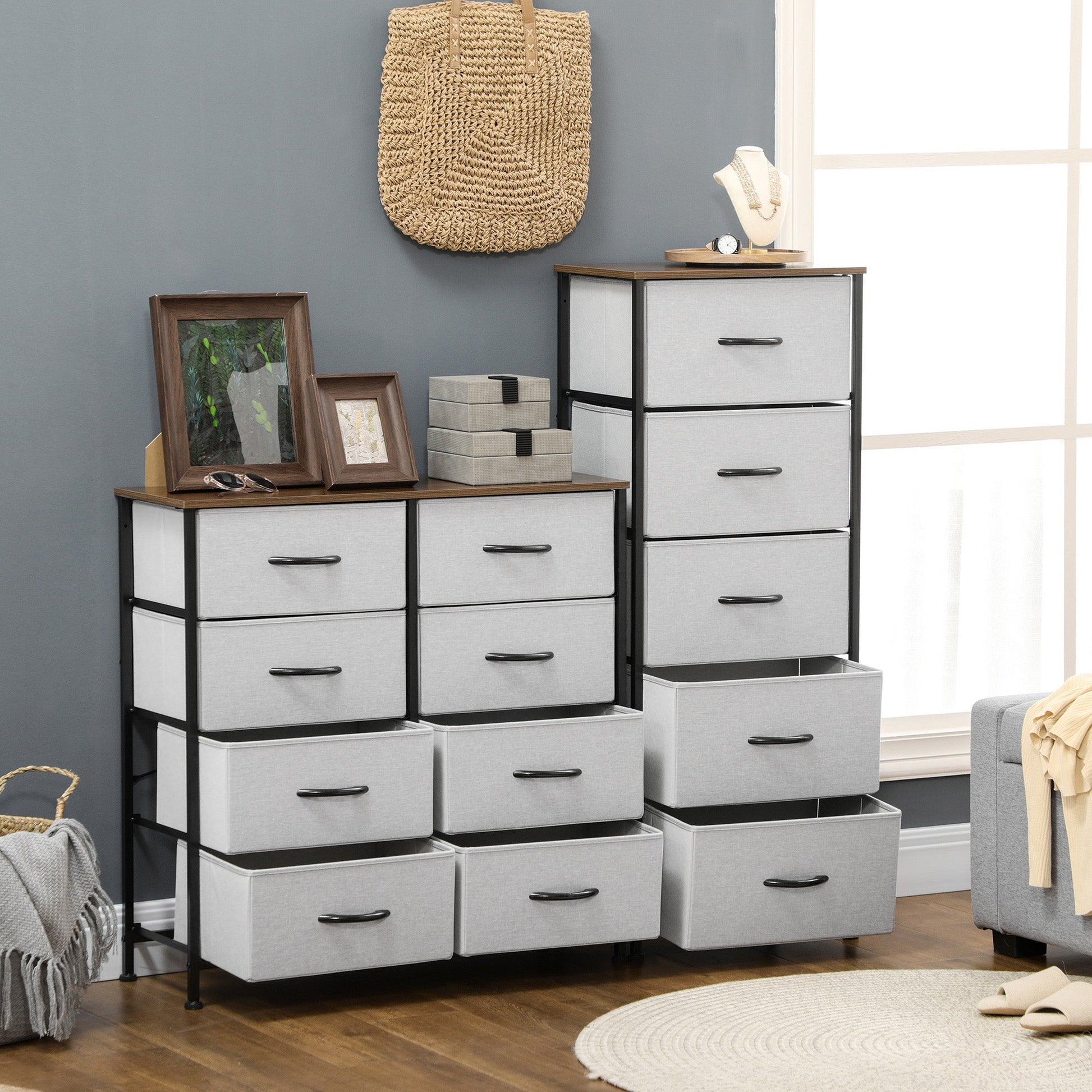 HOMCOM Fabric Chest of Drawers, Storage Drawers, Industrial Bedroom Dresser with 8 Fabric Drawers, Steel Frame and Wooden Top for Nursery, Living Room, Hallway, Grey
