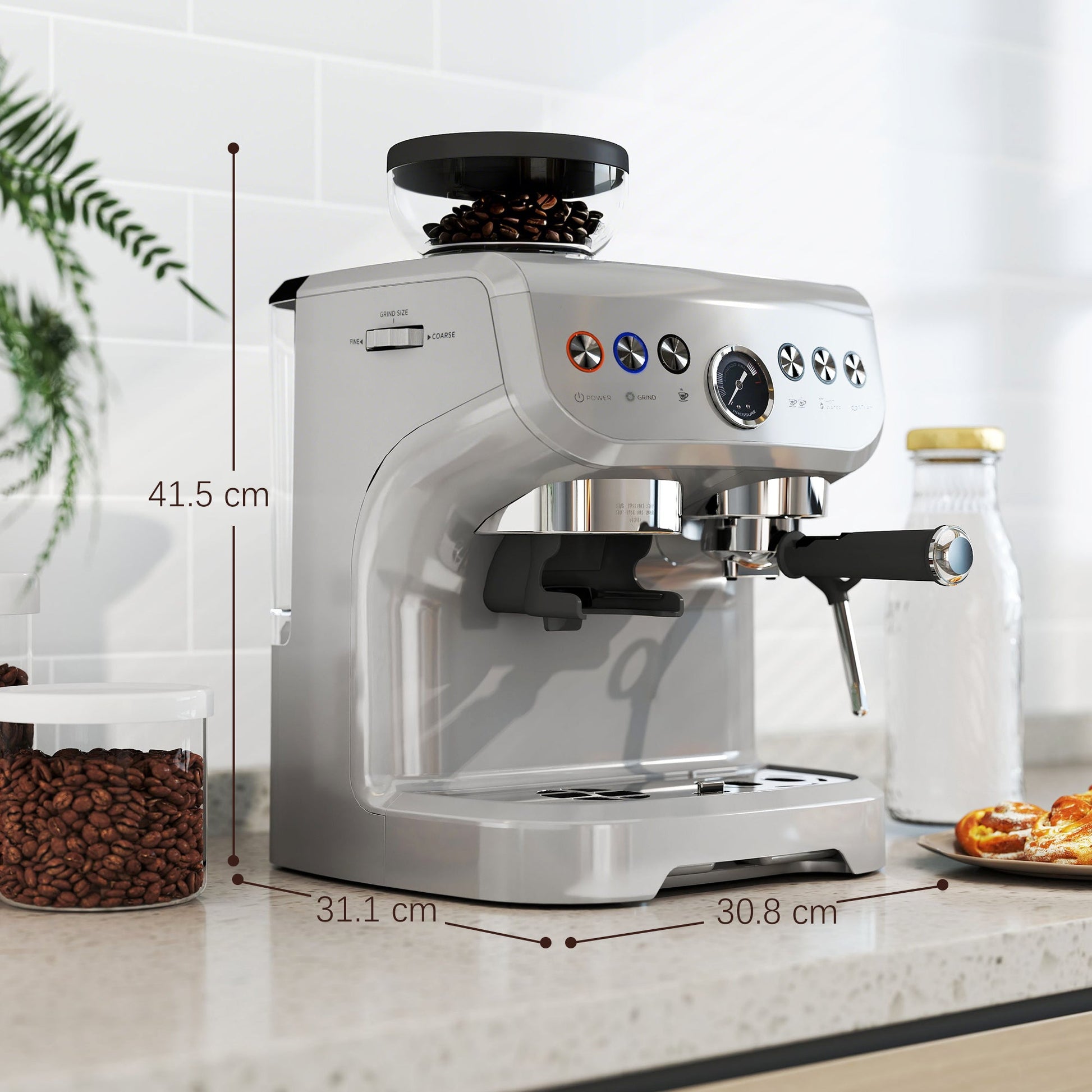 Espresso Machine with Integrated Bean Grinder & Steam Wand, Stainless Steel Silver - HOMCOM