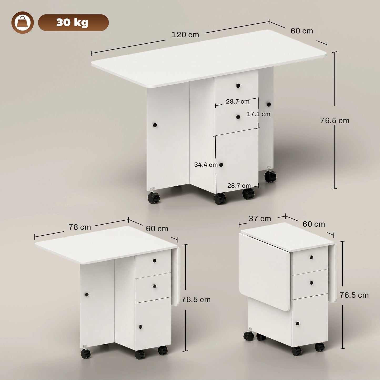Folding Dining Table on Wheels for 4-6 with Storage Drawers, Cabinet, White - HOMCOM