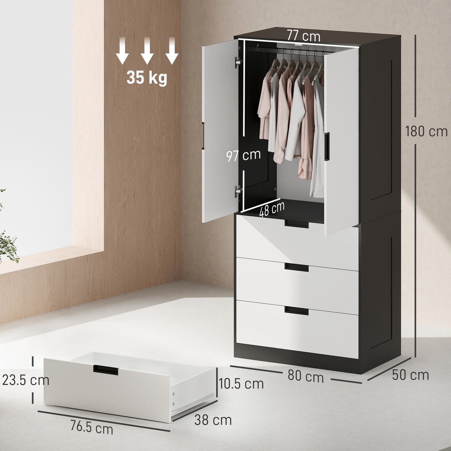 3-Drawer 2-Door Wardrobe with Hanging Rod for Clothes, Black
