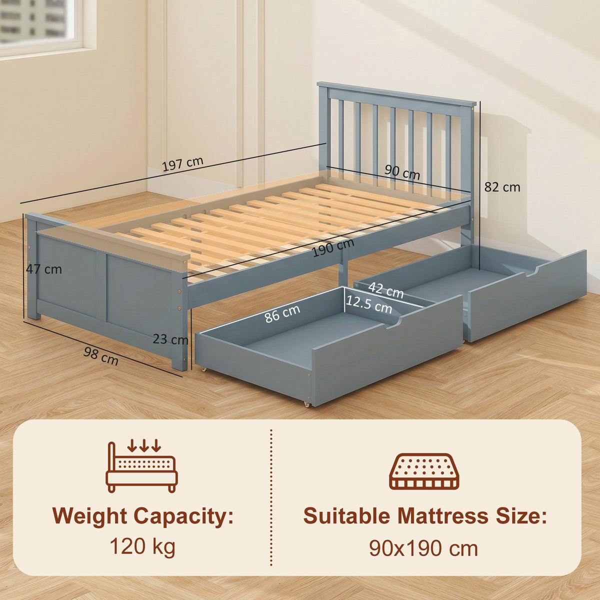 Pine Storage Bed Frame with Drawers & Headboard, 3ft Single, 90x190cm, Grey