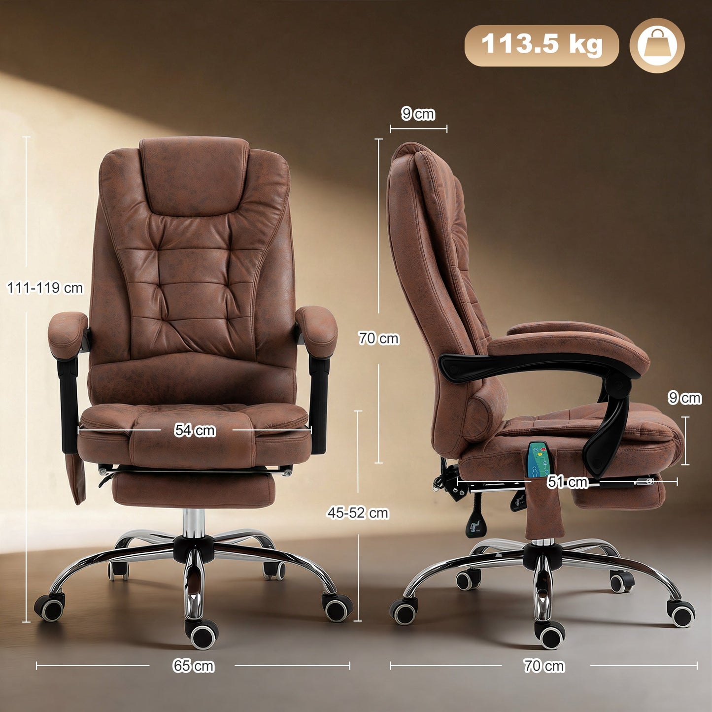 6-Point Massage Office Chair with Heated Back, Reclining and Footrest, Brown
