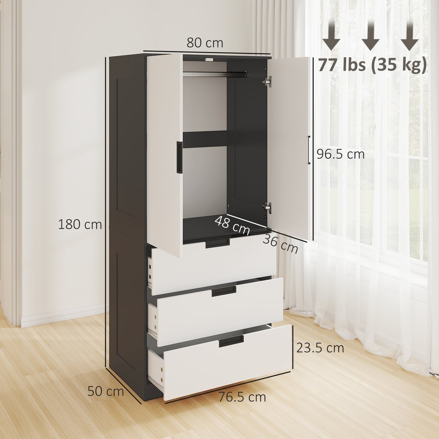 Modern Clothes Storage Cupboard Unit, Wardrobe with Hanging Rod, 3-Drawer and 2-Door, Black - HOMCOM