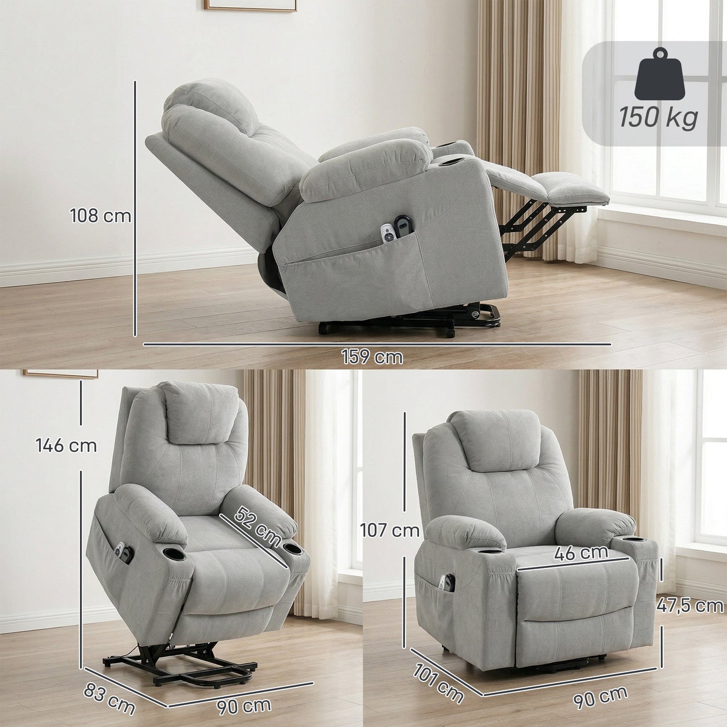 Power Lift Recliner with Massage & Heat, Pocket Spring Fabric Riser, Light Grey