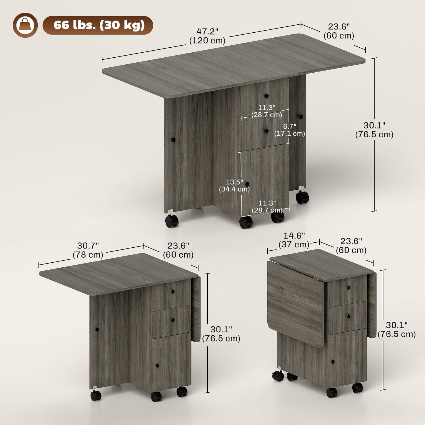 Folding Dining Table on Wheels for 4-6 with Storage Drawers, Cabinet, Grey - HOMCOM
