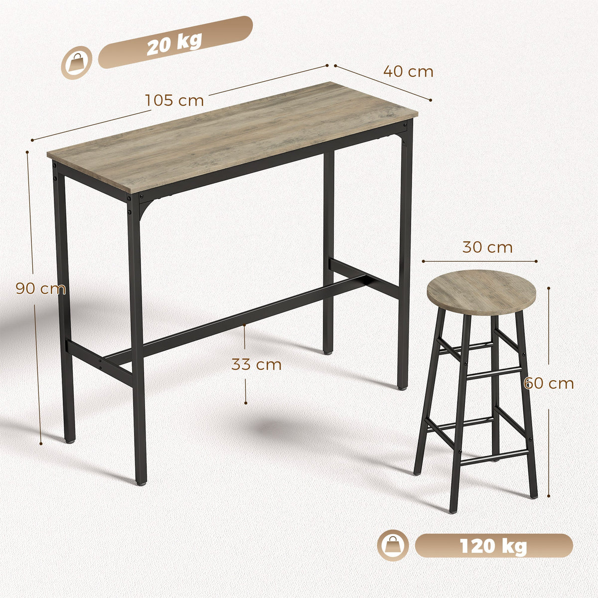 5 Piece Bar Table Set with 4 Stools, Industrial Bar Table and Stool Set, Dining Table and Chair Set for Small Space, Grey Wood Effect
