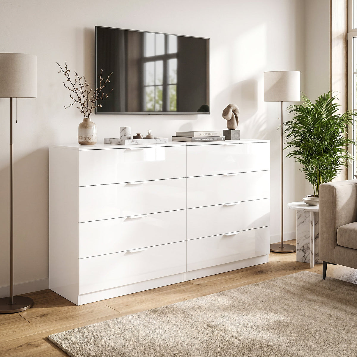 High Gloss Chest of Drawers with 4 Drawers, Modern Space-Saving Bedroom Storage Unit with Smooth Runners, Wooden Cupboard for Living Room, Office, Hallway, 70 x 34 x 79 cm, White