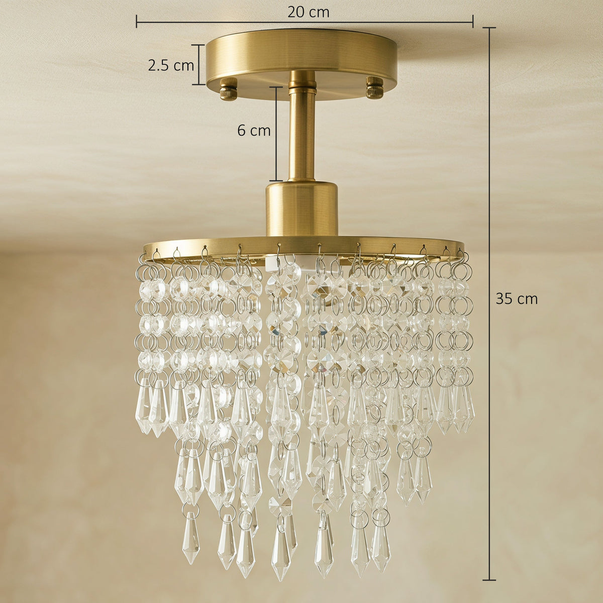 Crystal Ceiling Light with 57 Crystal Strands, Modern Ceiling Light with Mounting Plate for Bedroom, Dining Room, Hallway, Gold Tone, Bulb Not Included
